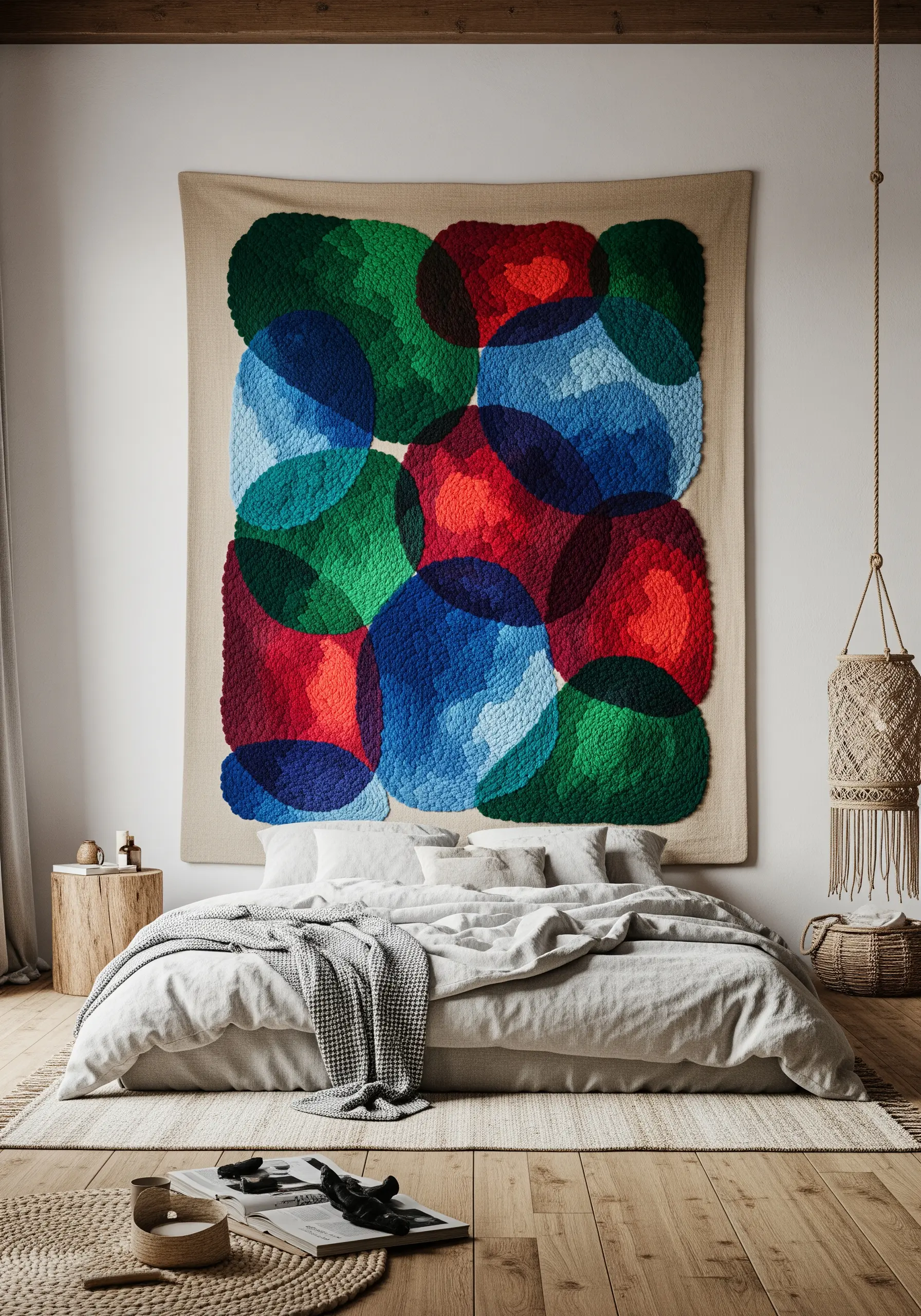 A large, textured wall hanging with overlapping abstract shapes in blue, green, and red.