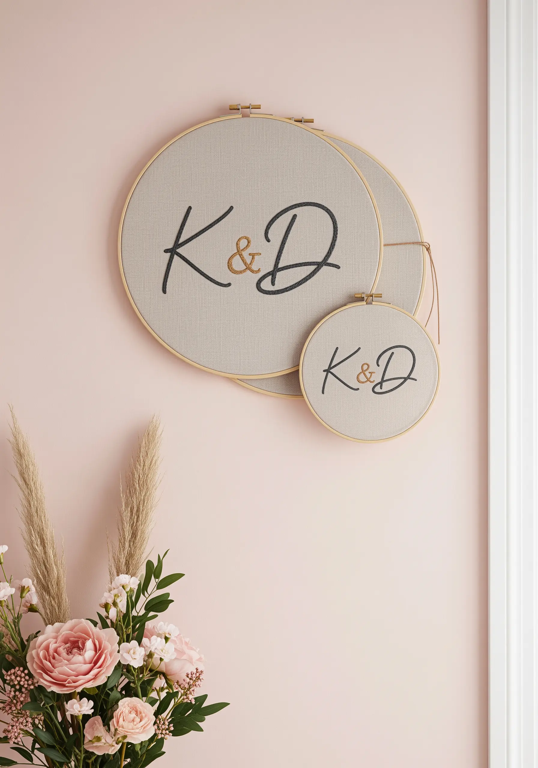 Overlapping embroidery hoops with 'K&D' monograms stitched in different sizes.