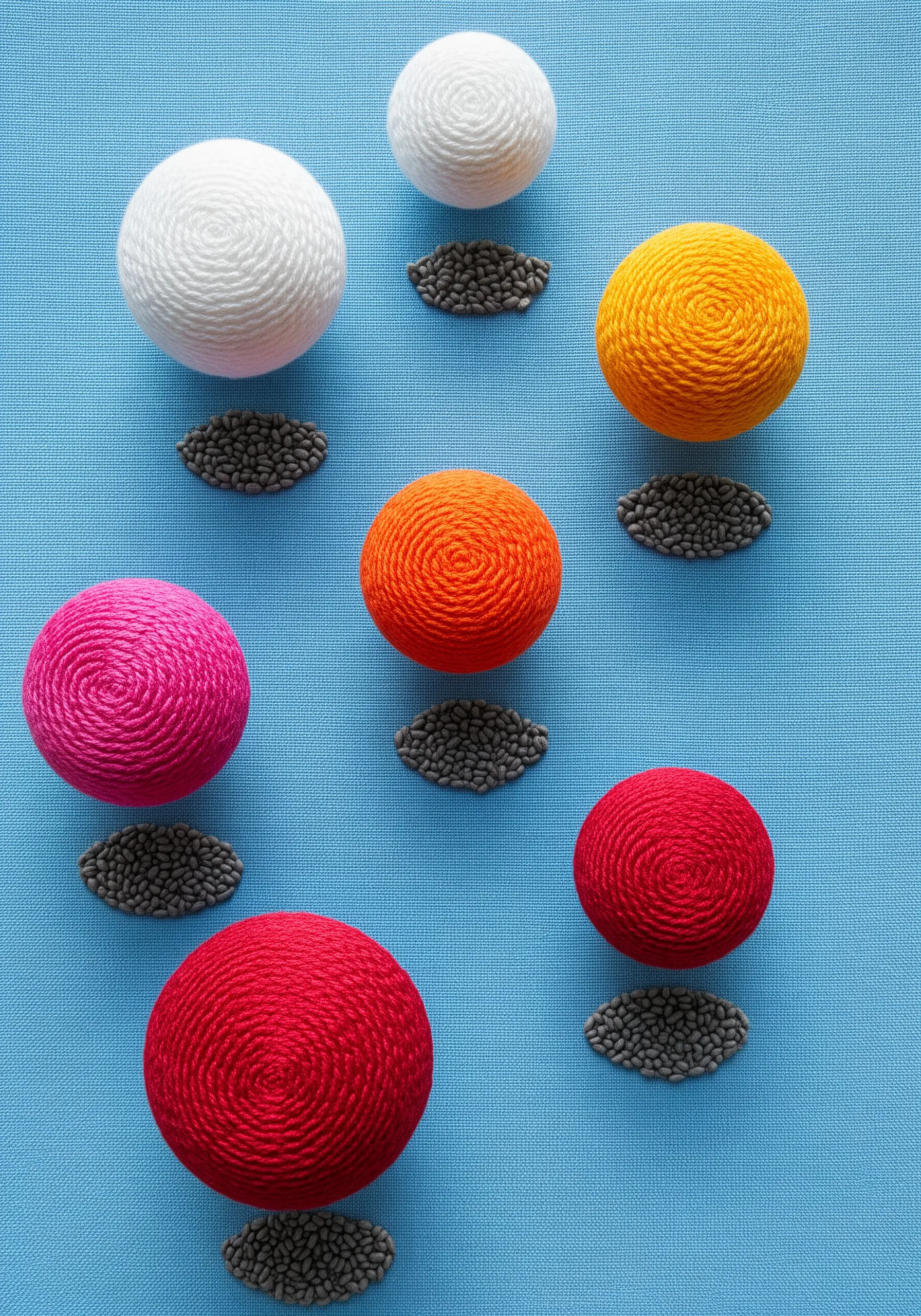 Colorful 3D embroidered spheres with visible spiral texture, appearing to float over the fabric.