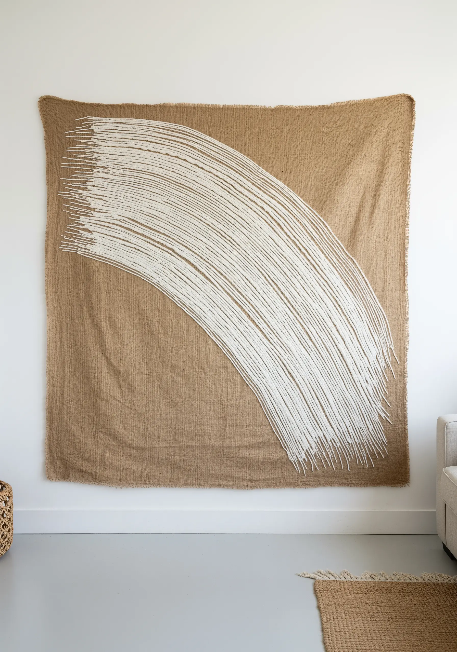 A sweeping arc of white yarn stitched onto a large burlap tapestry, resembling a brushstroke.
