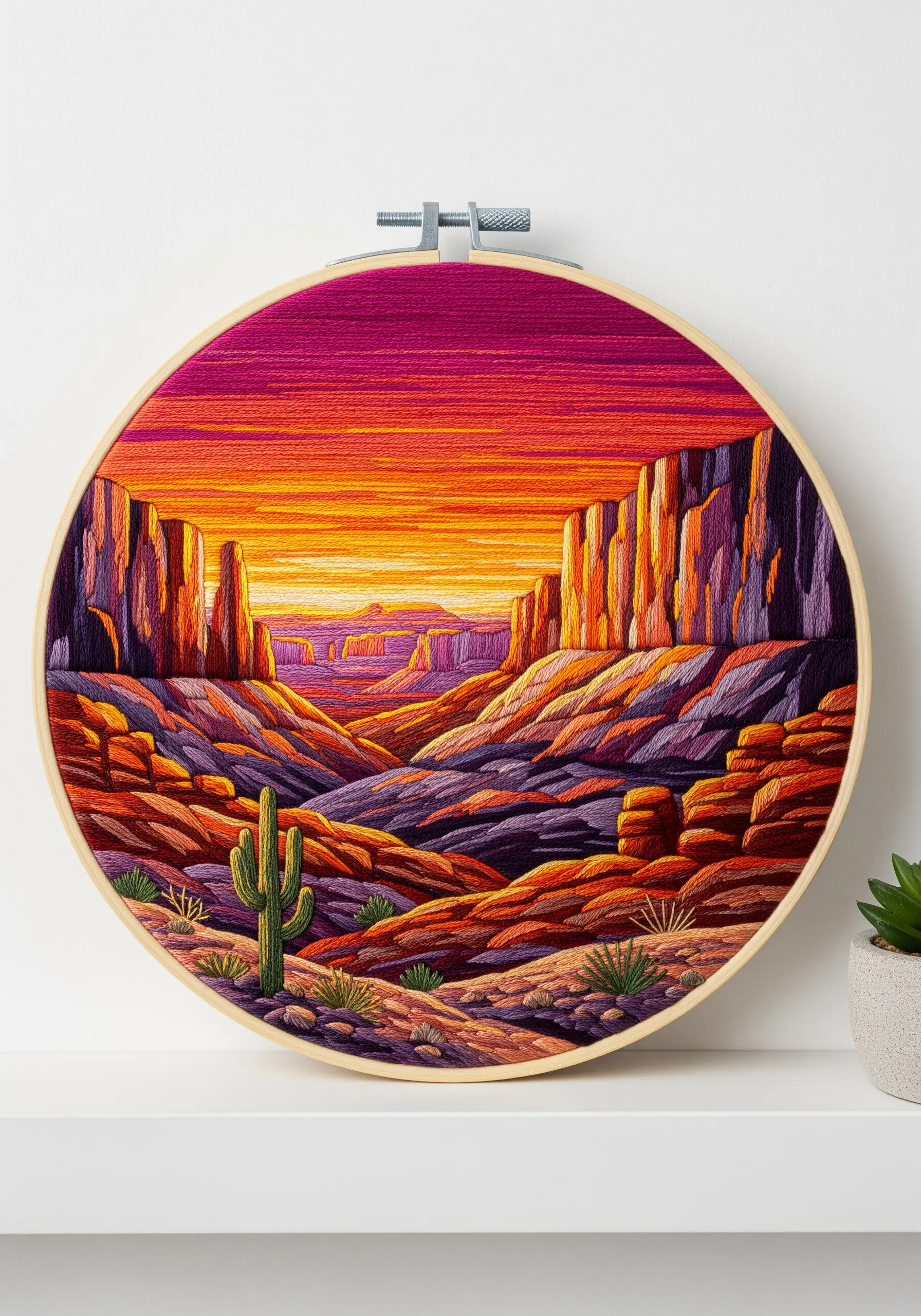 Vibrant thread-painted embroidery of a canyon sunset in hues of orange, pink, and purple.