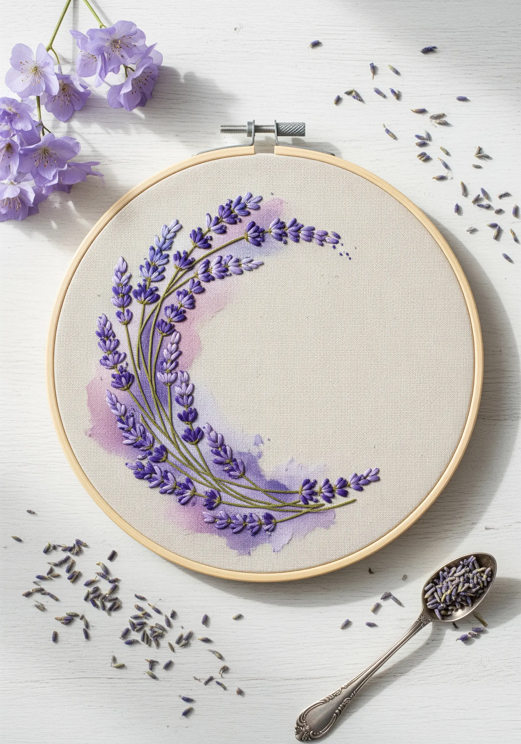 Lavender embroidery in a crescent shape with a purple watercolor background on cream fabric.