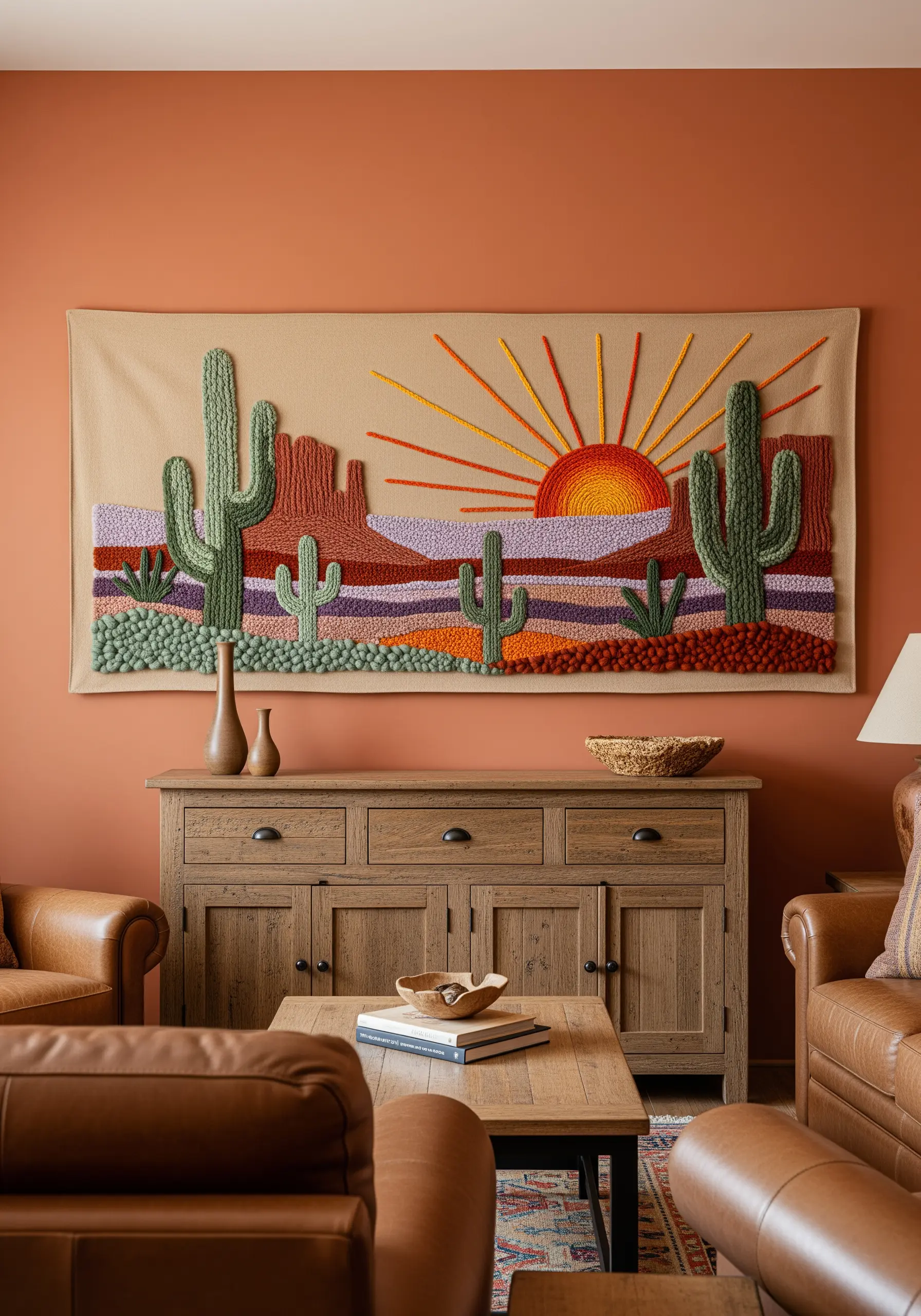 Textural embroidered desert landscape with punch needle ground and satin stitch cacti.