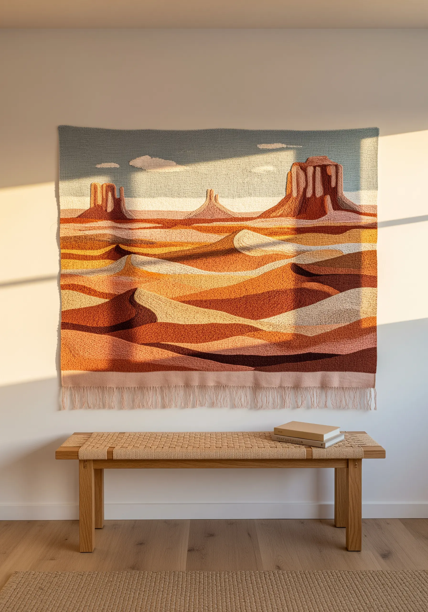 Large embroidered tapestry of a desert landscape with buttes hanging above a wooden bench.