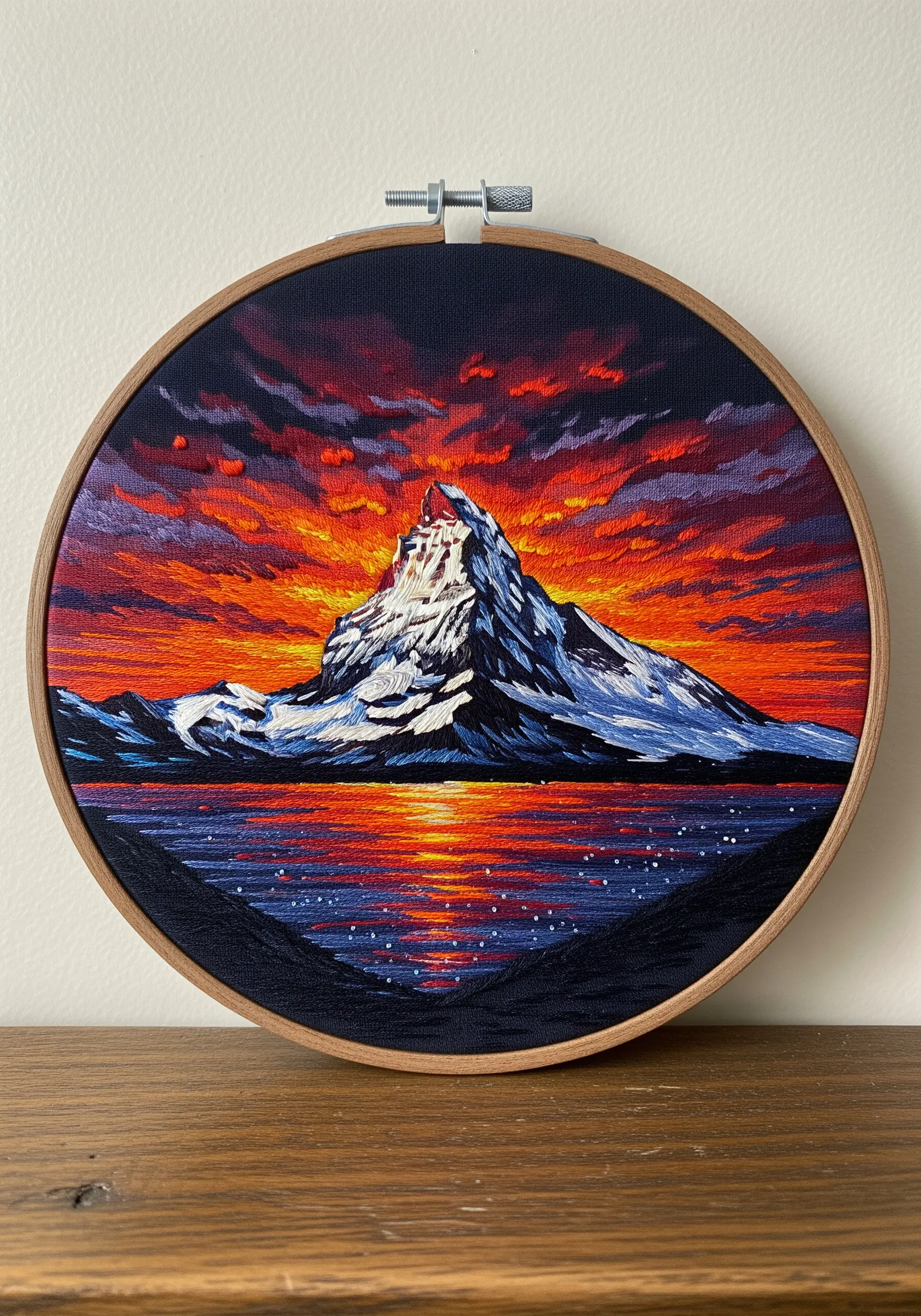 Thread-painted sunset over a snow-capped mountain with a fiery reflection in the water.