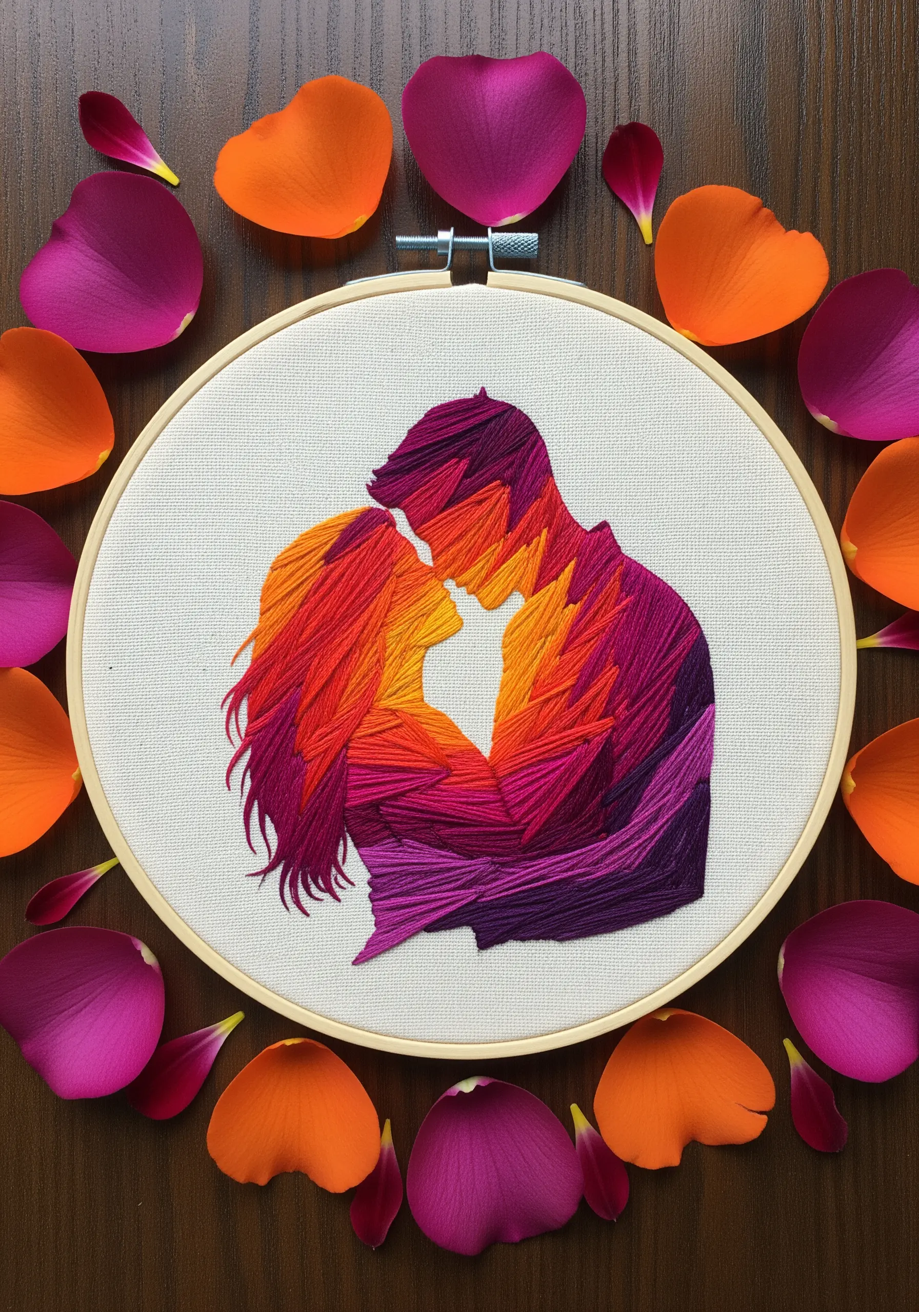 A couple's silhouette filled with a vibrant thread-painted sunset gradient.