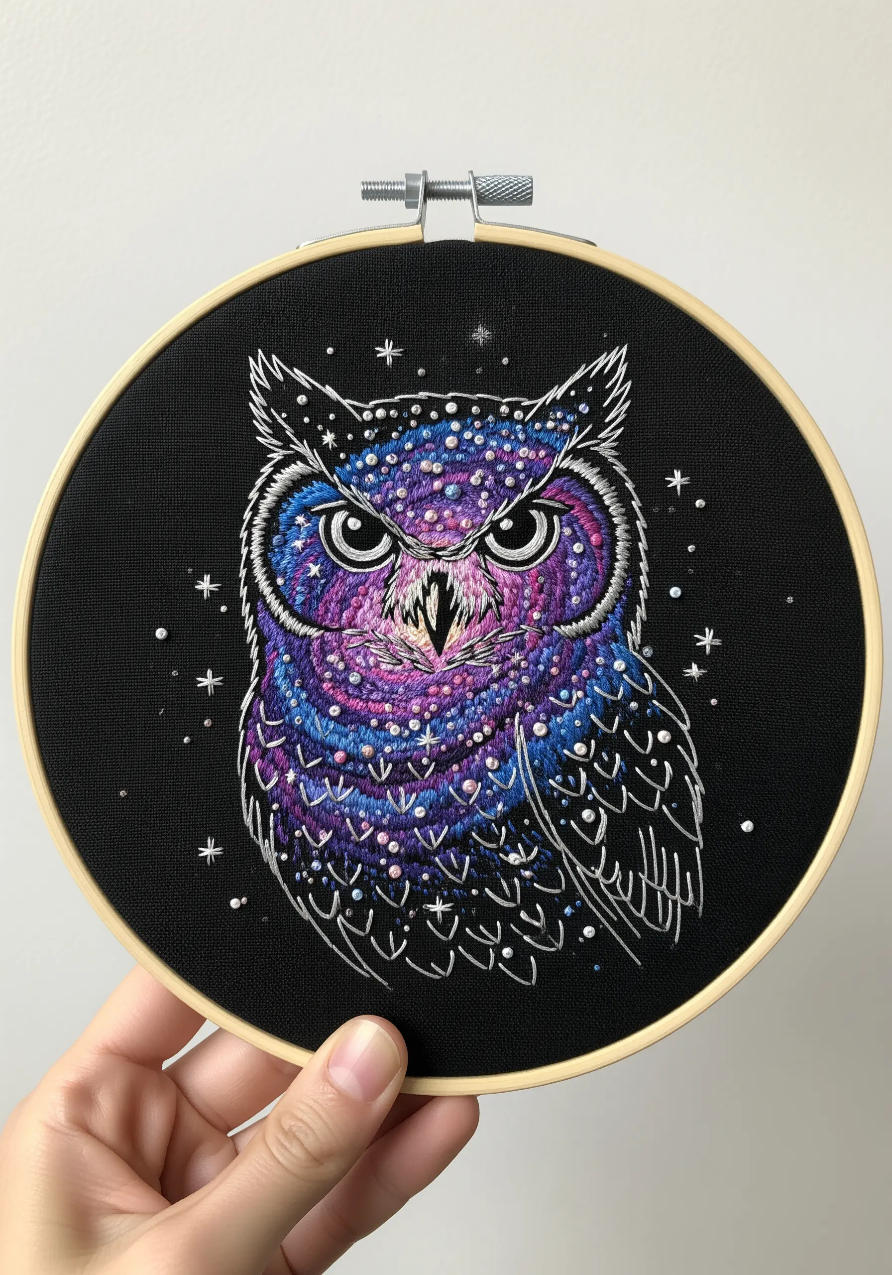 A portrait of an owl filled with cosmic colors like purple, blue, and pink, with white star stitches.