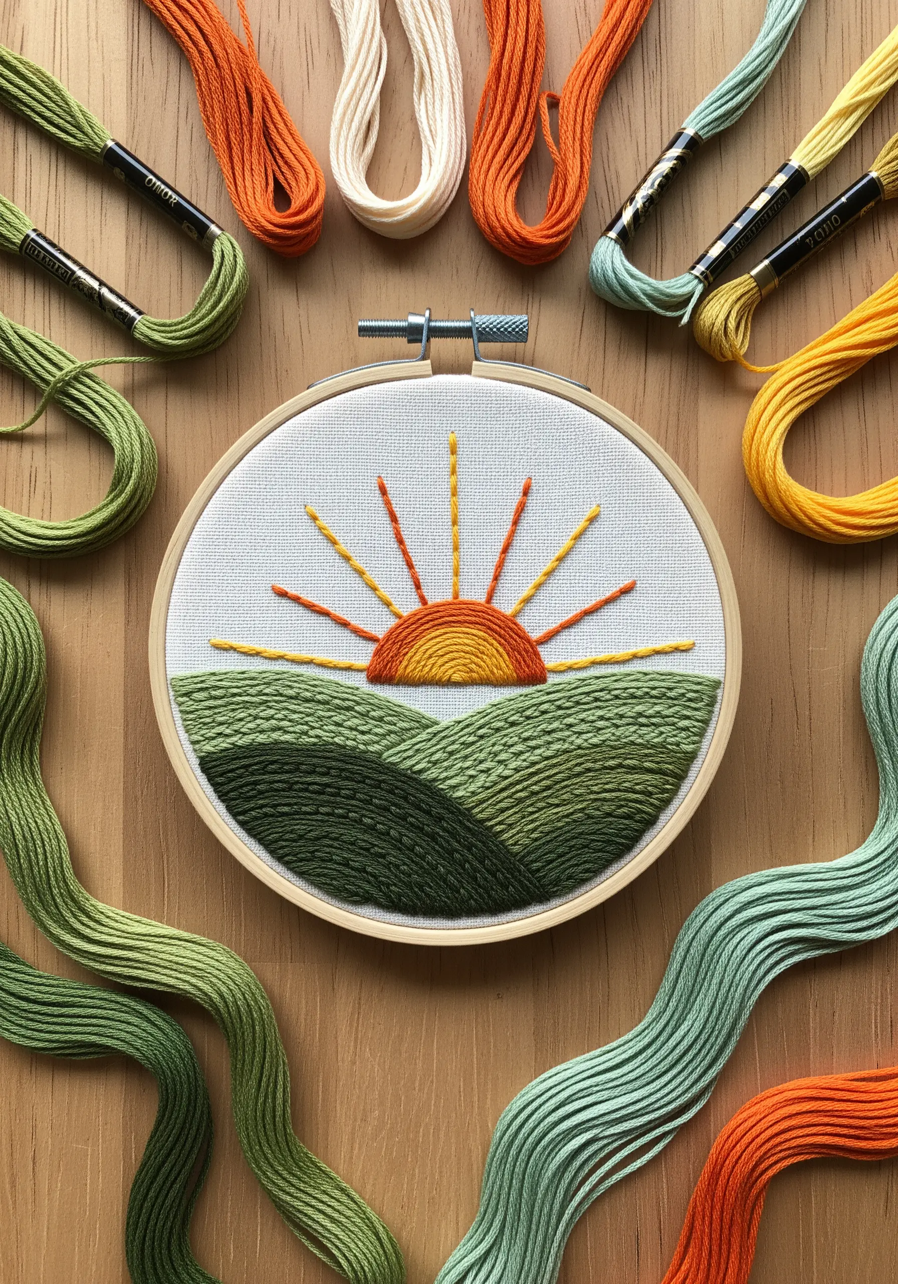 A minimalist landscape embroidery with layered green hills and a rising sun with orange rays.