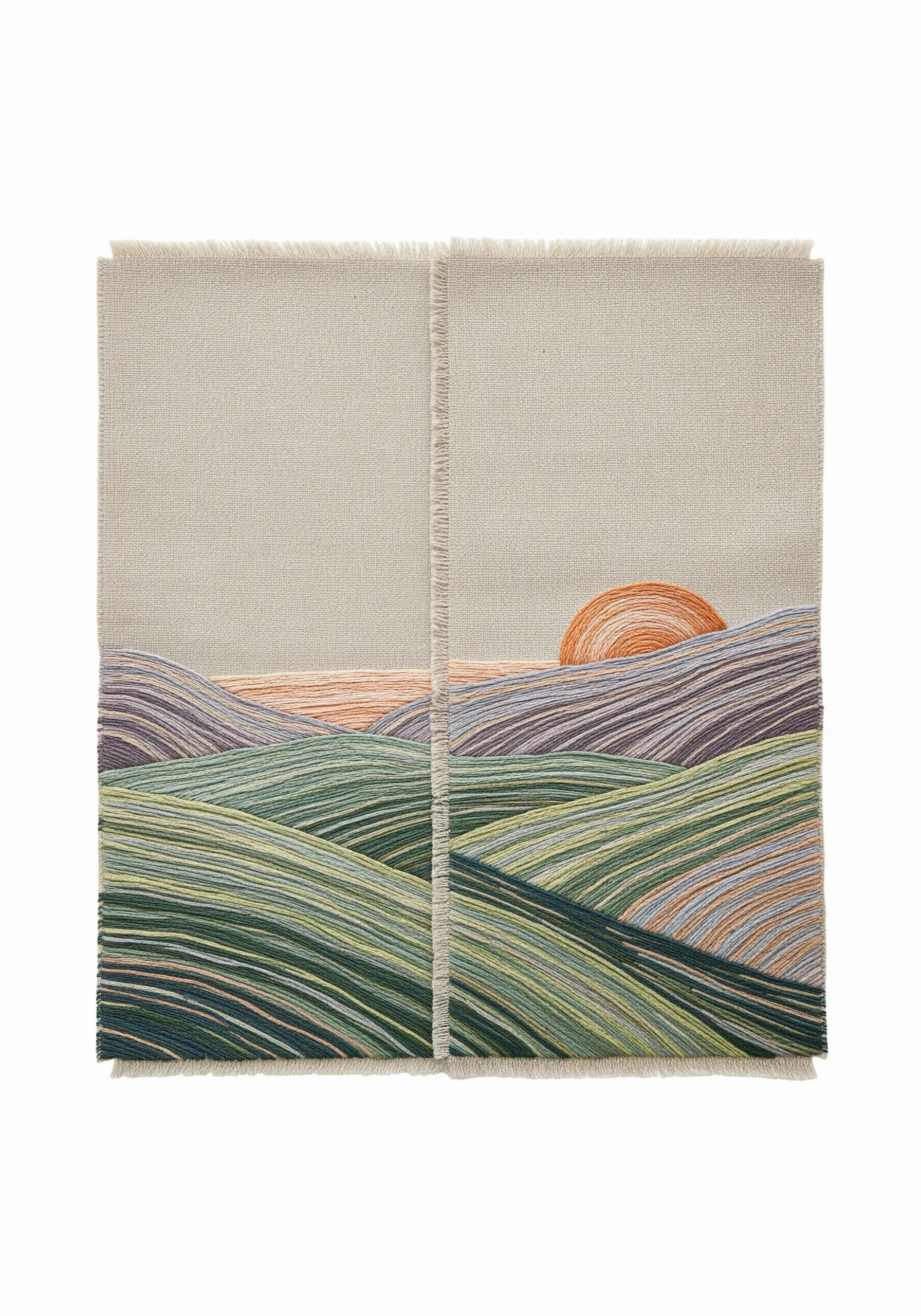An embroidered landscape of rolling hills and a sun, stitched on two fabric panels.