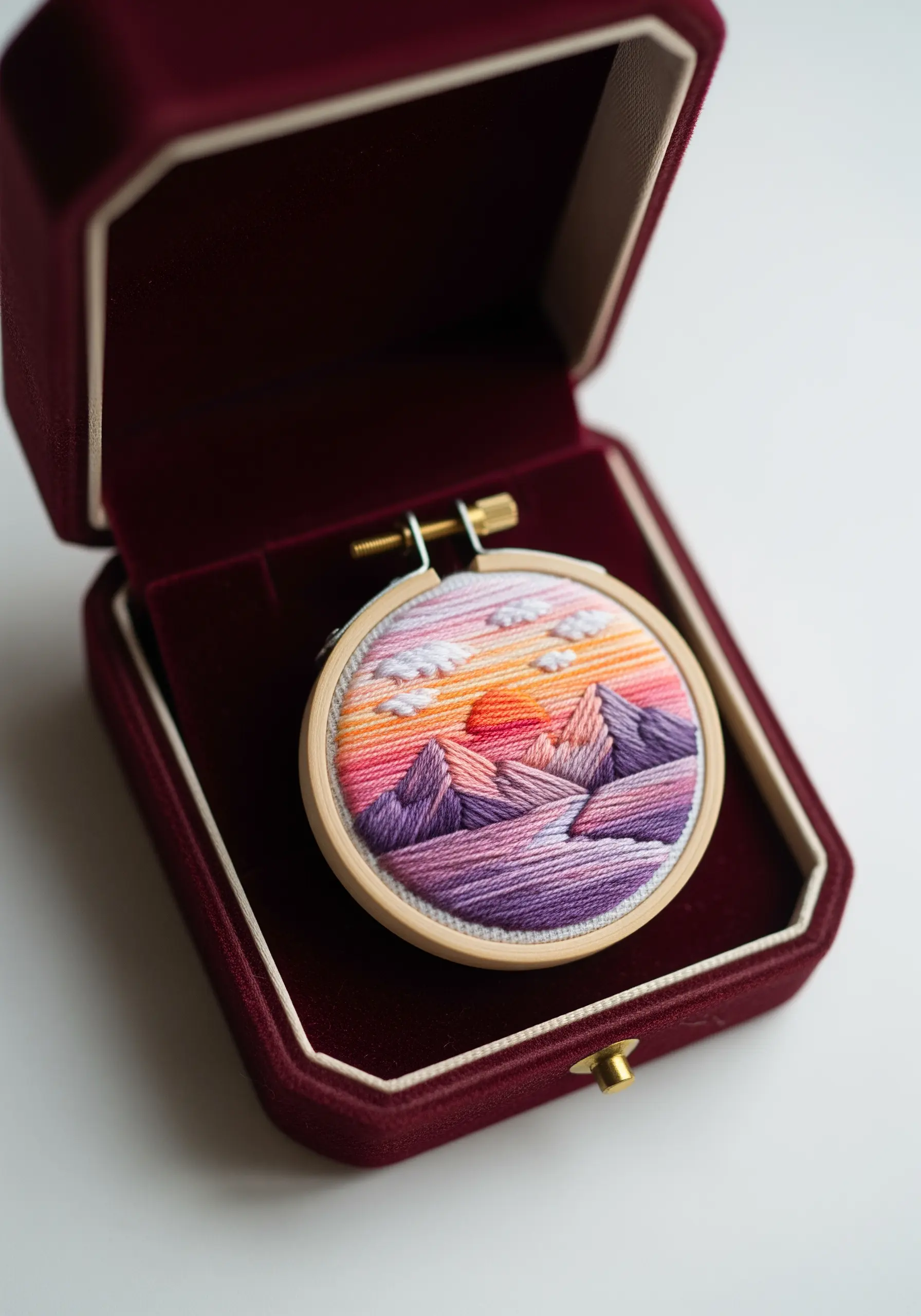 A miniature embroidery hoop depicting a mountain landscape at sunset in a velvet box.