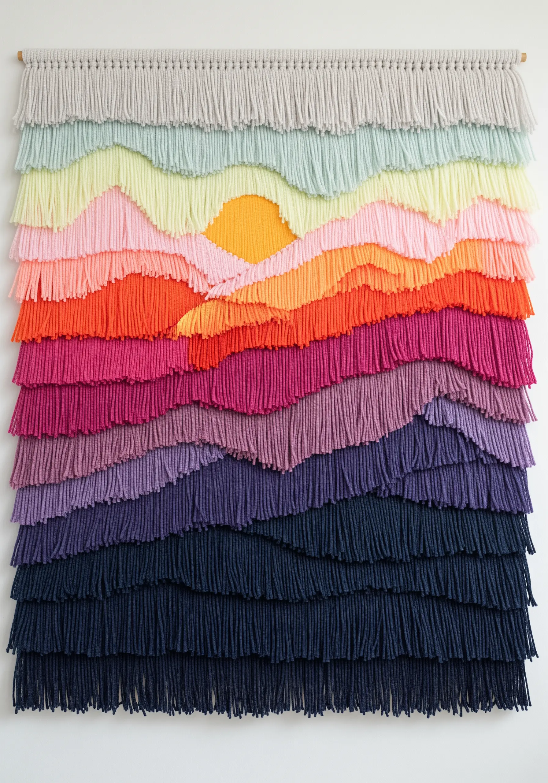 A large wall hanging depicting a mountain sunset made from layers of colored fringe.