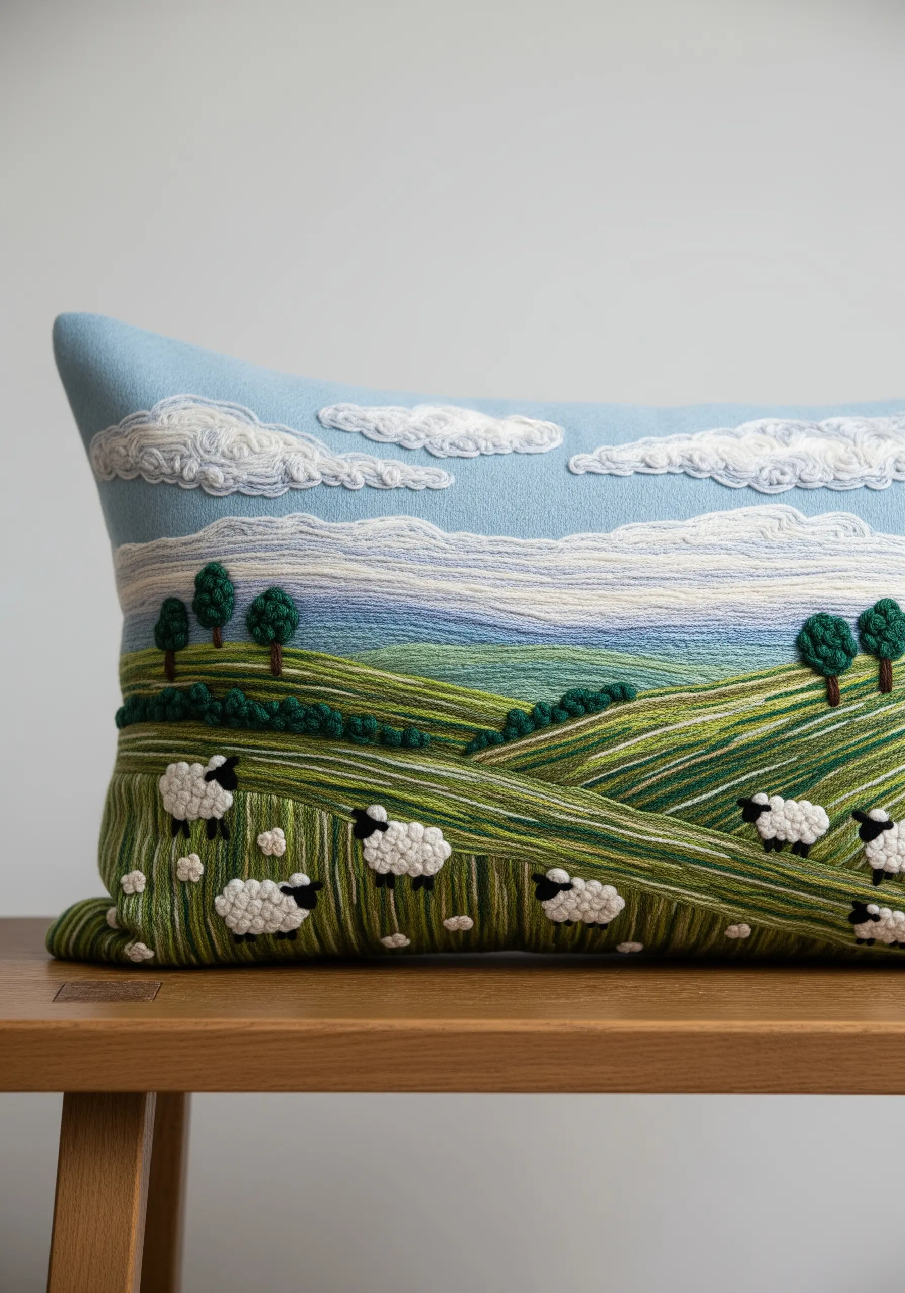 A pastoral landscape cushion with rolling hills, French knot sheep, and fluffy clouds.