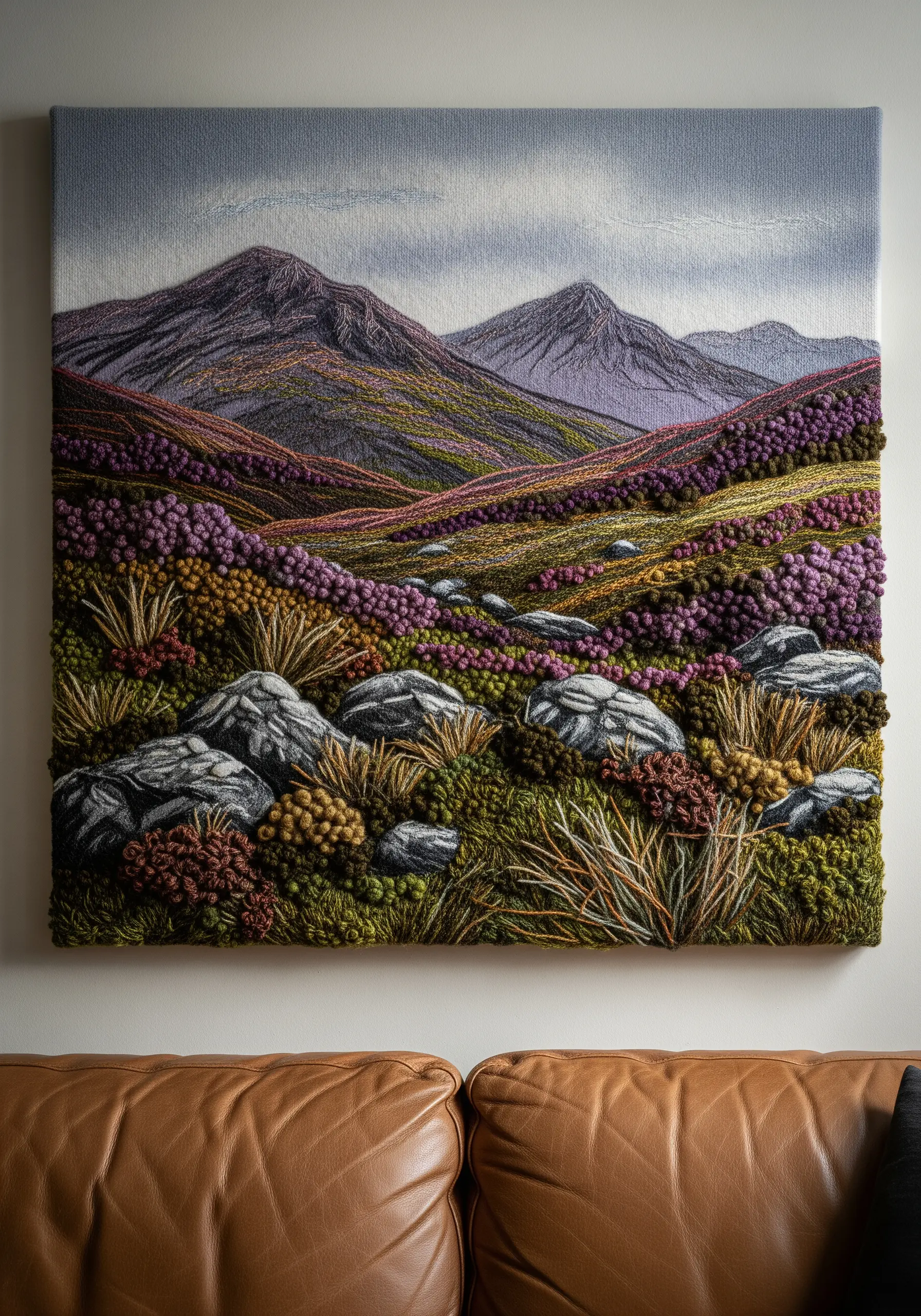 A rich, textural embroidery of the Scottish highlands with purple heather and moody mountains.