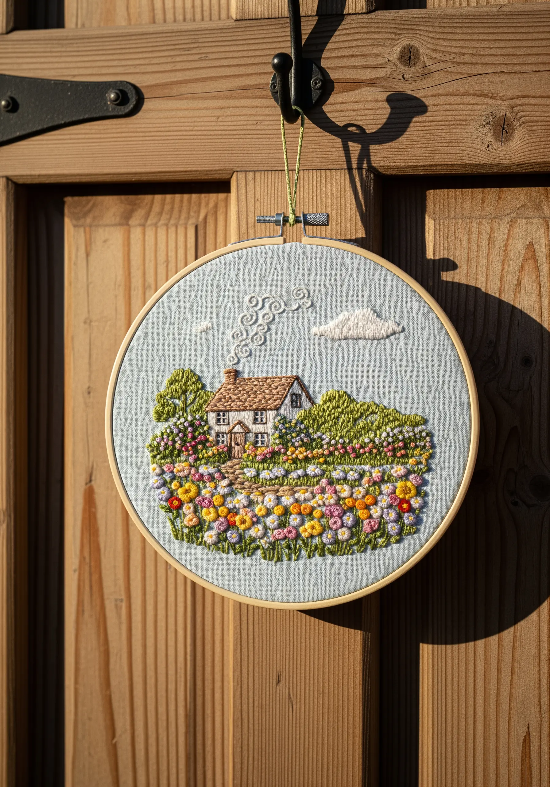 Embroidery hoop of a cottage surrounded by a dense garden of French knot flowers