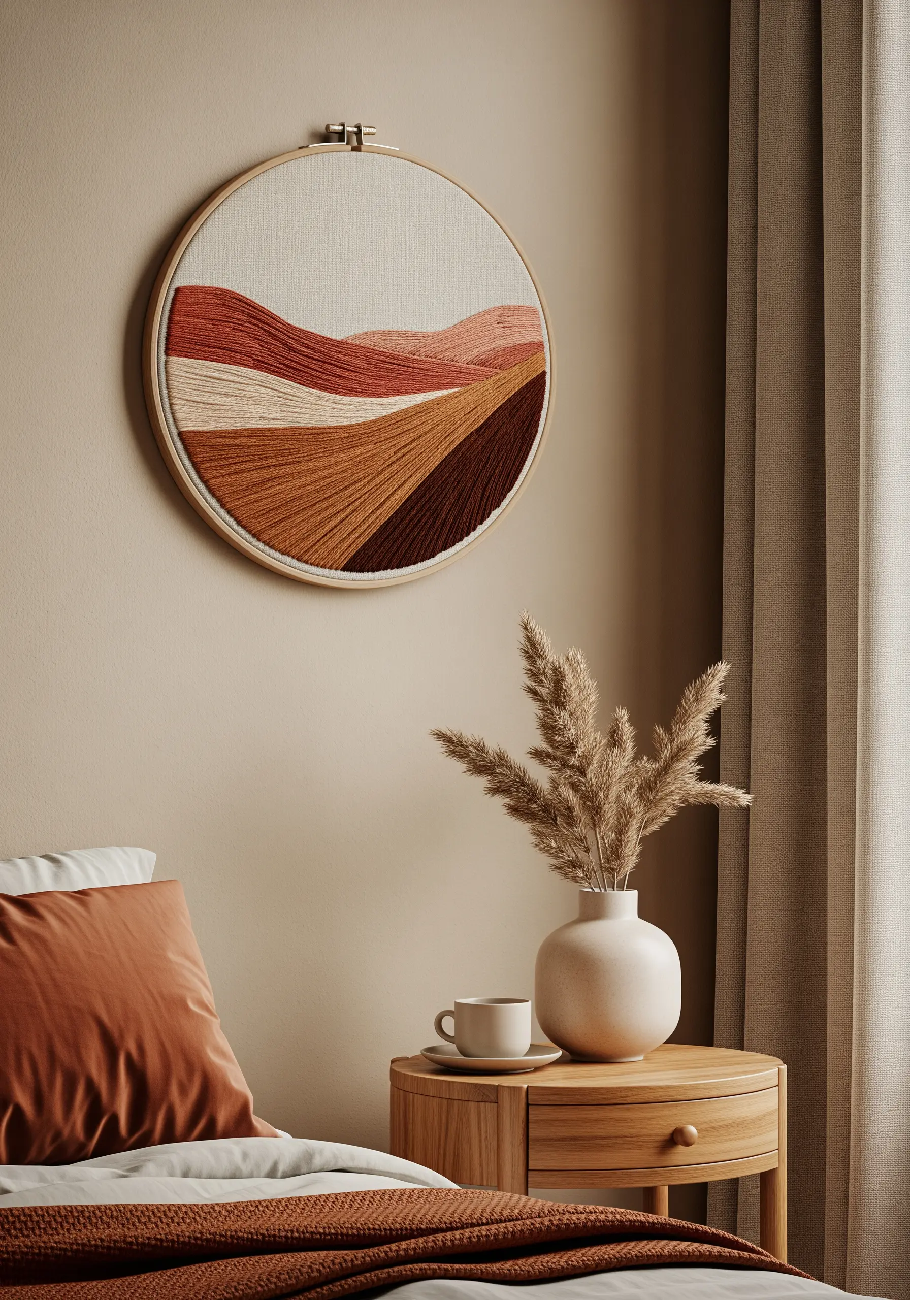 An abstract landscape of rolling hills created with directional satin stitch in earthy tones.