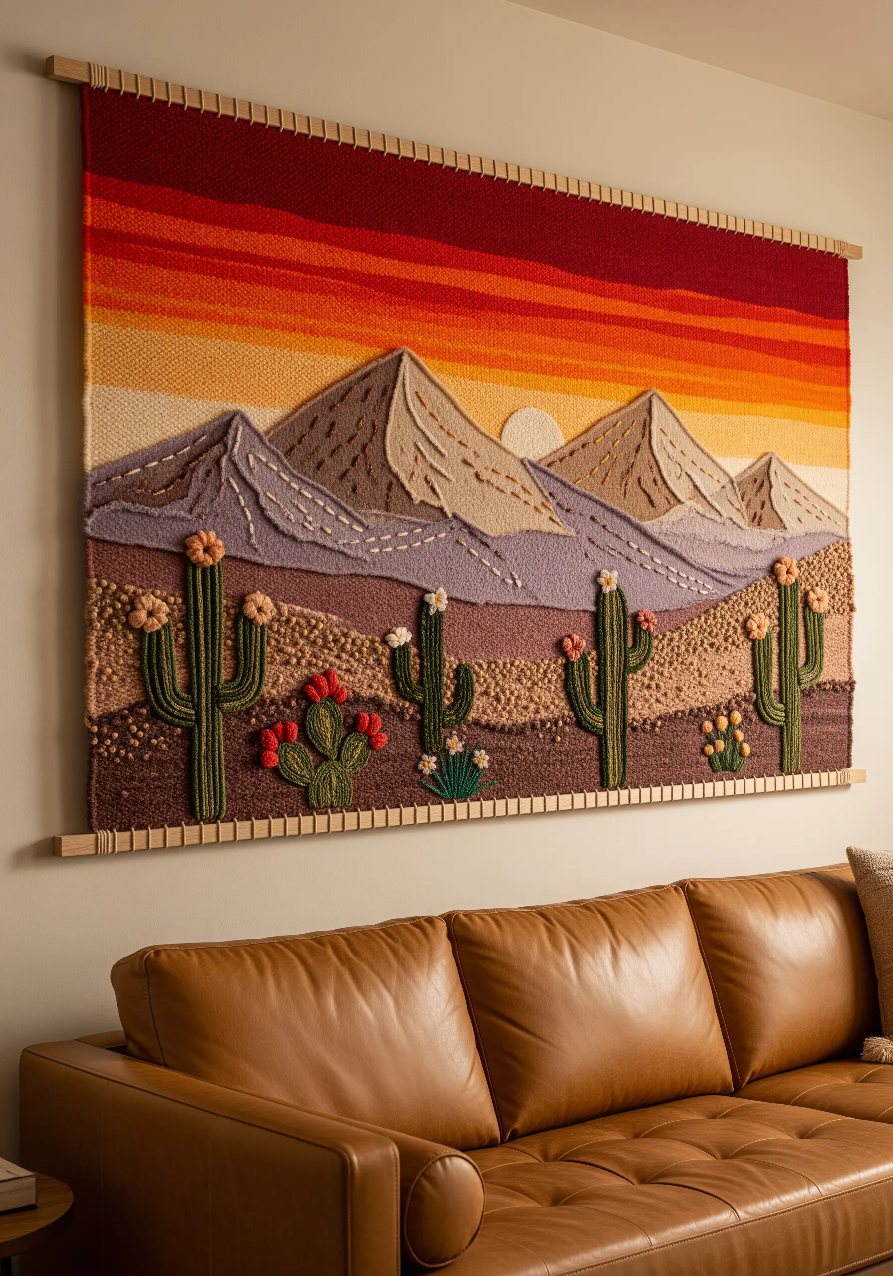 Large woven tapestry of a desert sunset with textured mountains and 3D cacti.