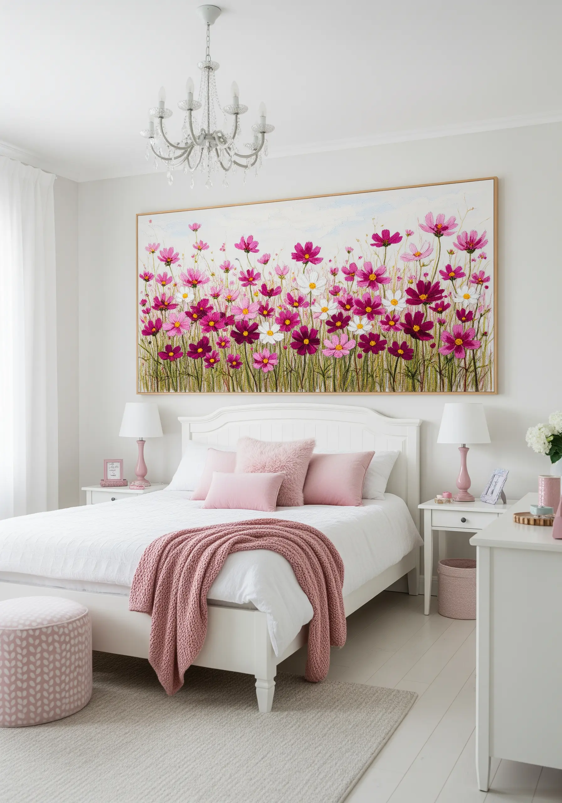A large, framed embroidery depicting a vibrant field of pink and white cosmos flowers.
