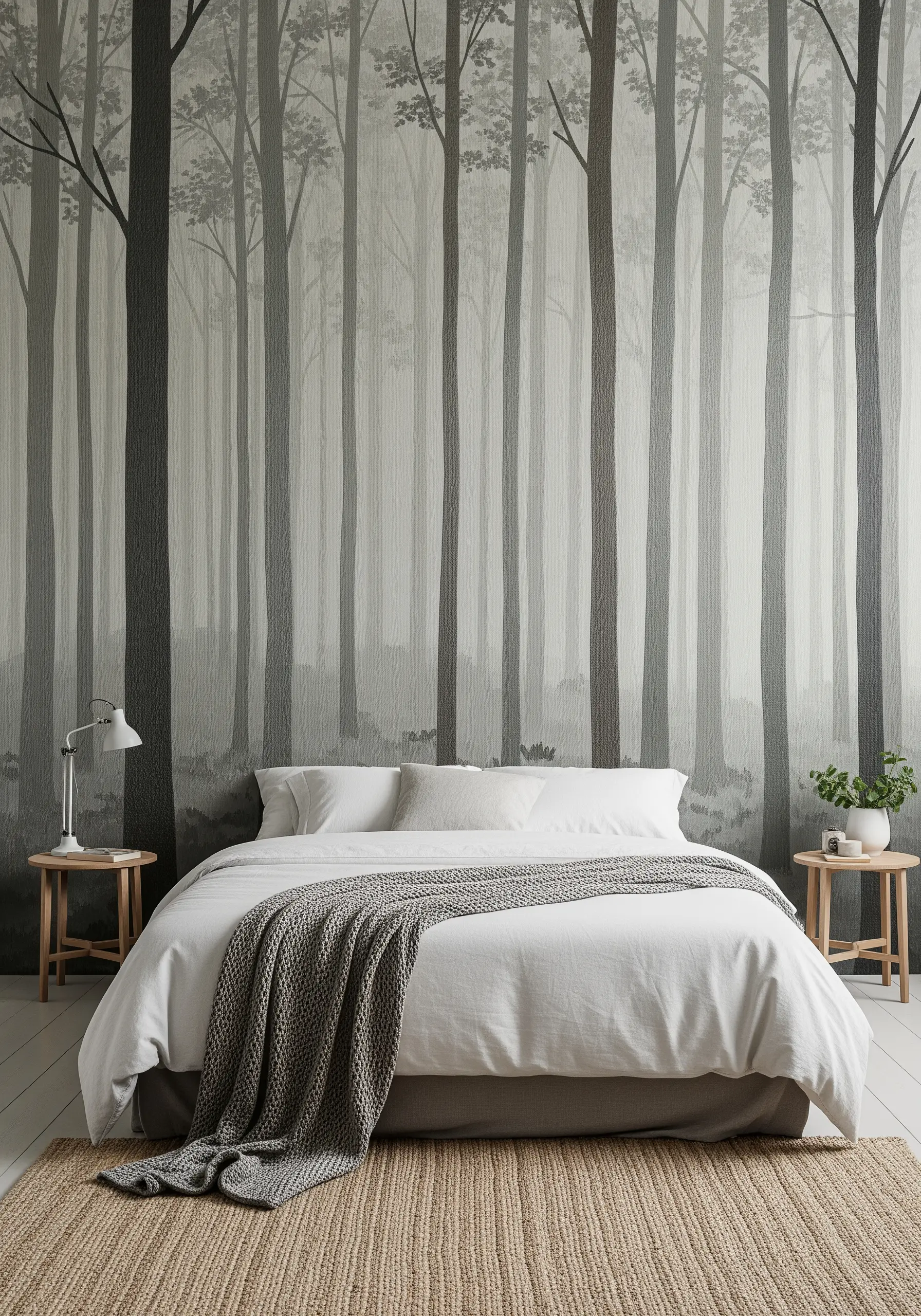 A full wall panel depicting a misty forest, with trees fading into the gray background