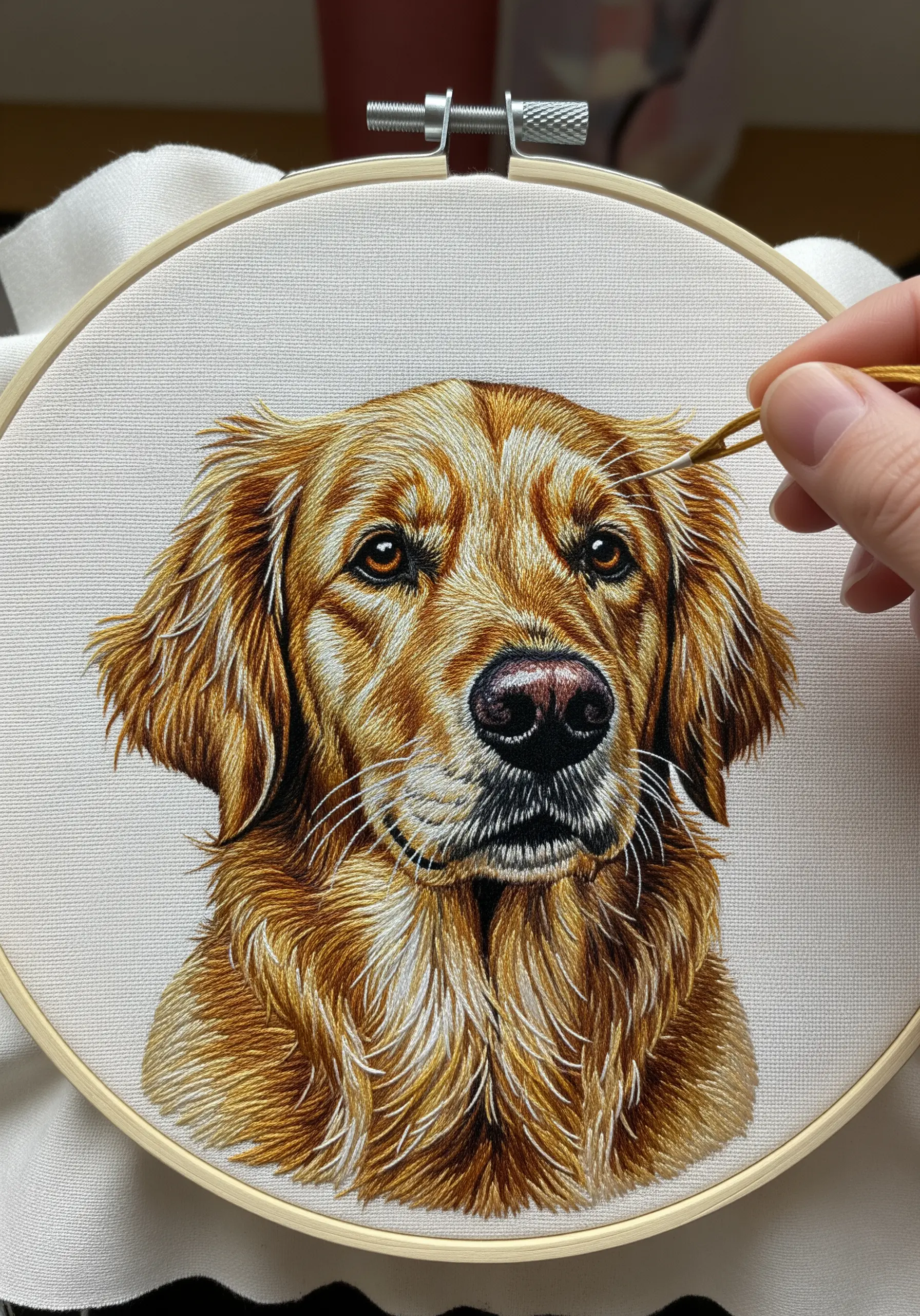 Hyper-realistic thread-painted portrait of a golden retriever in an embroidery hoop.