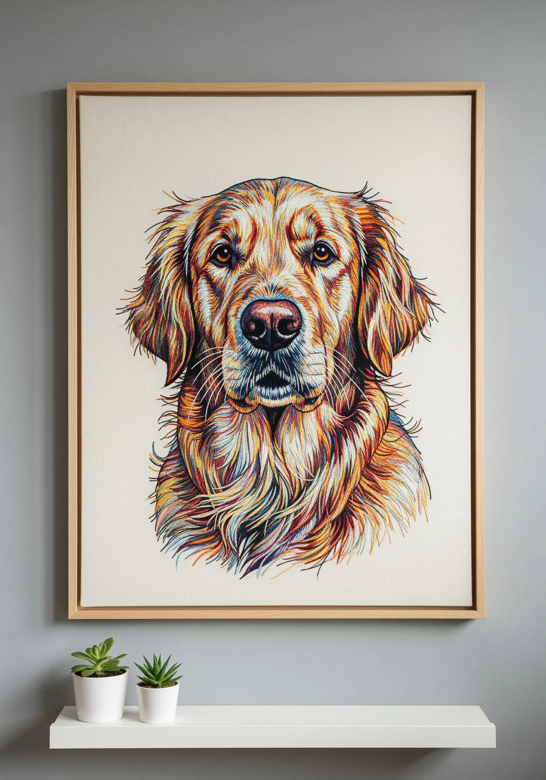 A highly detailed, colorful thread-painted portrait of a golden retriever on canvas.