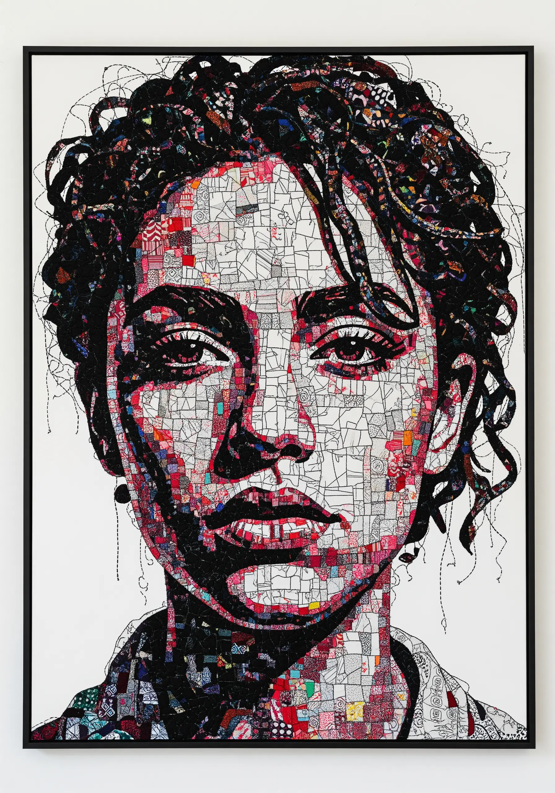 Detailed portrait created from a mosaic of tiny, stitched fabric scraps.