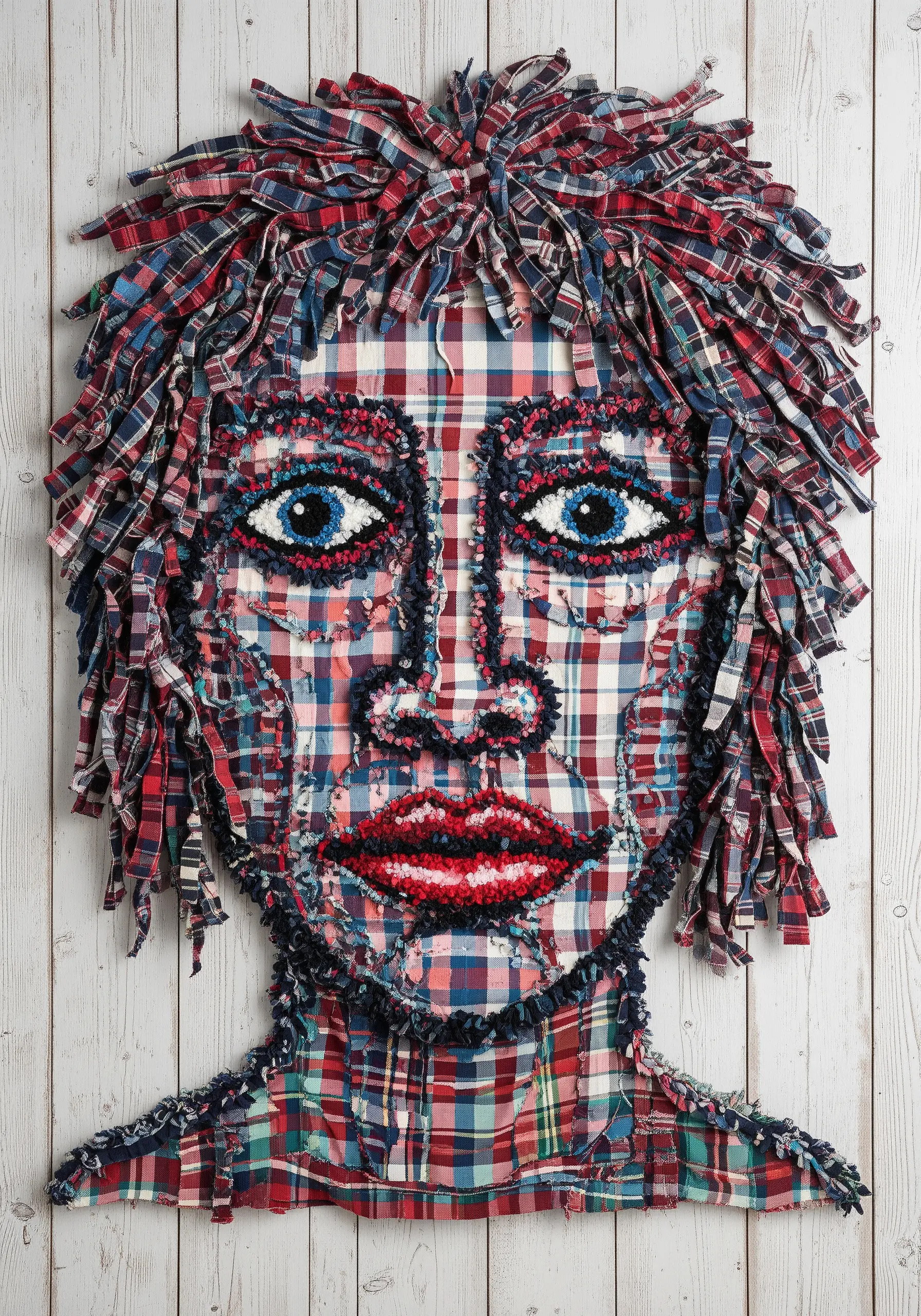 A portrait of a person's face created entirely from a collage of red and blue plaid fabric scraps.