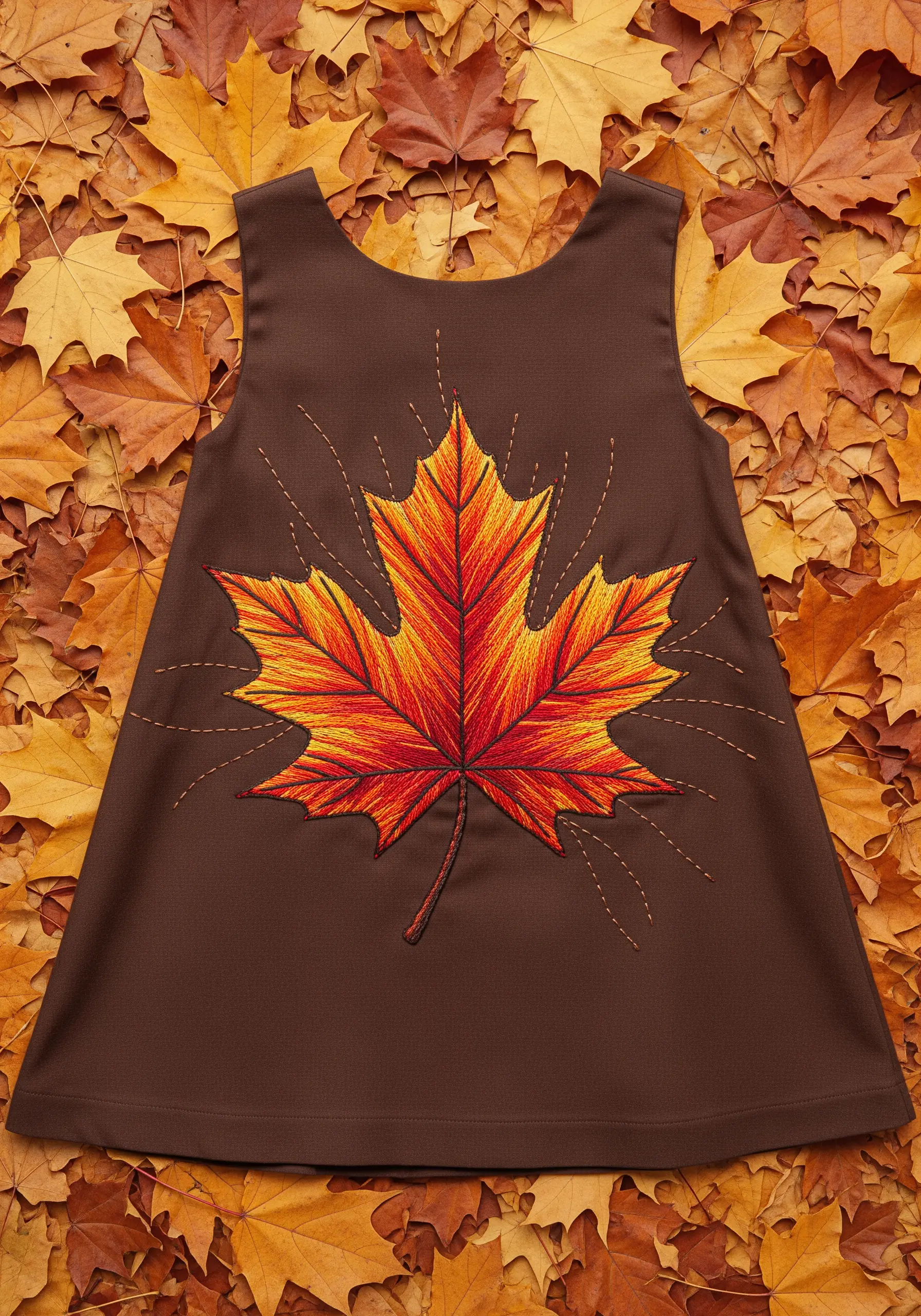 A large, realistically thread-painted maple leaf in autumn colors on a brown dress.