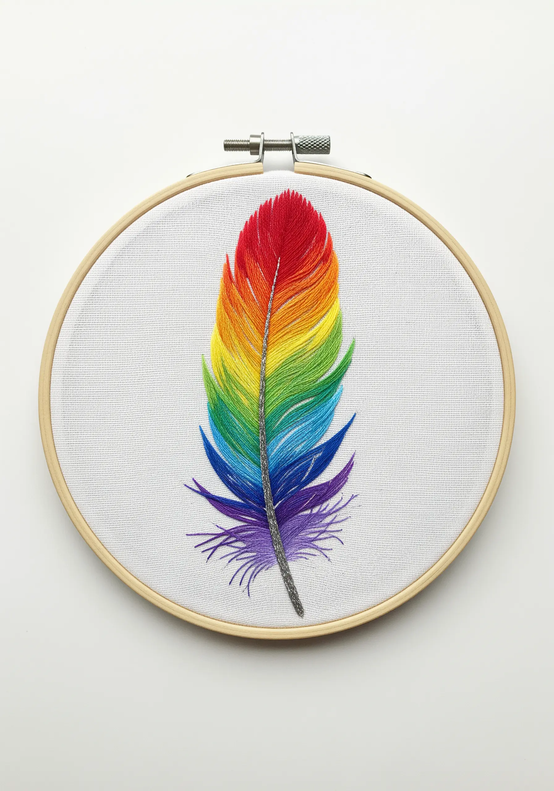A single feather embroidered with a seamless rainbow color gradient on white fabric.