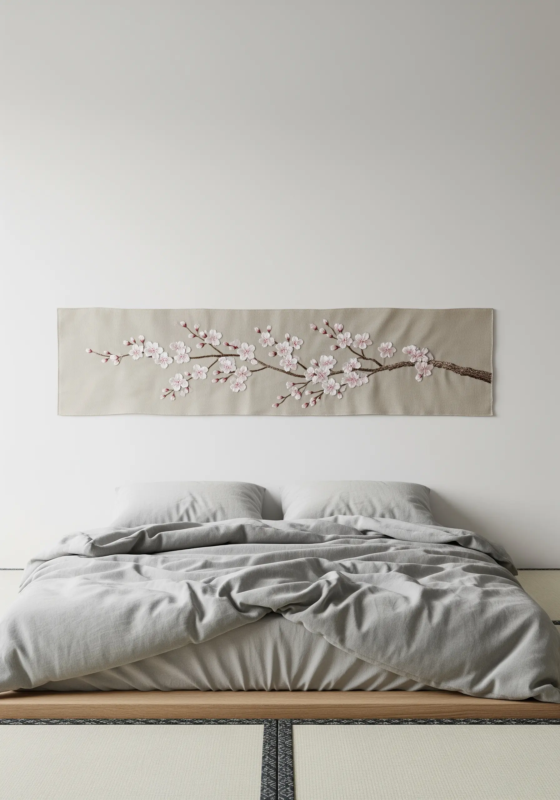A long, narrow wall hanging above a bed with a meticulously embroidered cherry blossom branch.