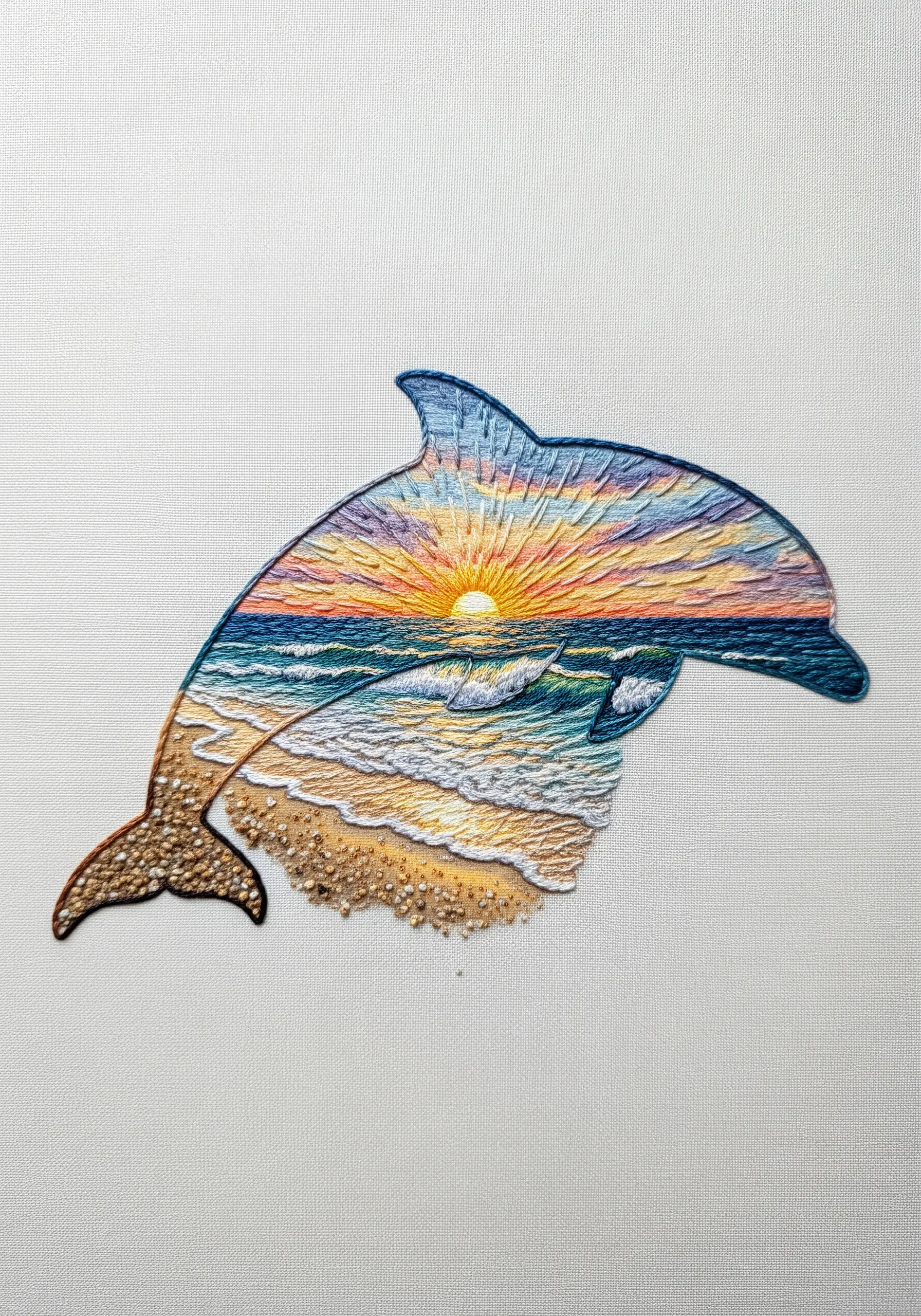 A vibrant sunset over the ocean, thread-painted within the silhouette of a dolphin.