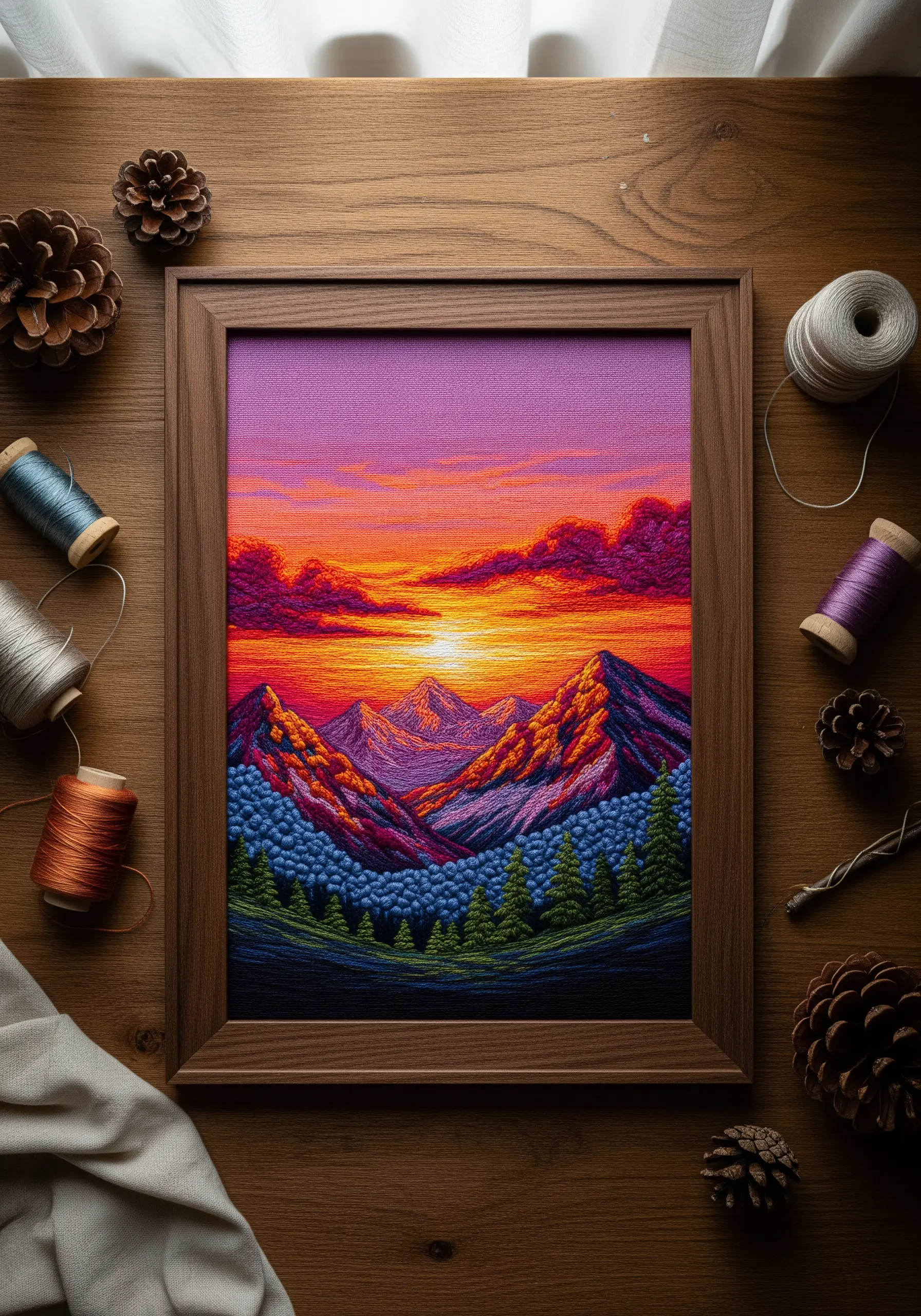 Framed thread-painted mountain sunset with vibrant orange, purple, and blue gradients.