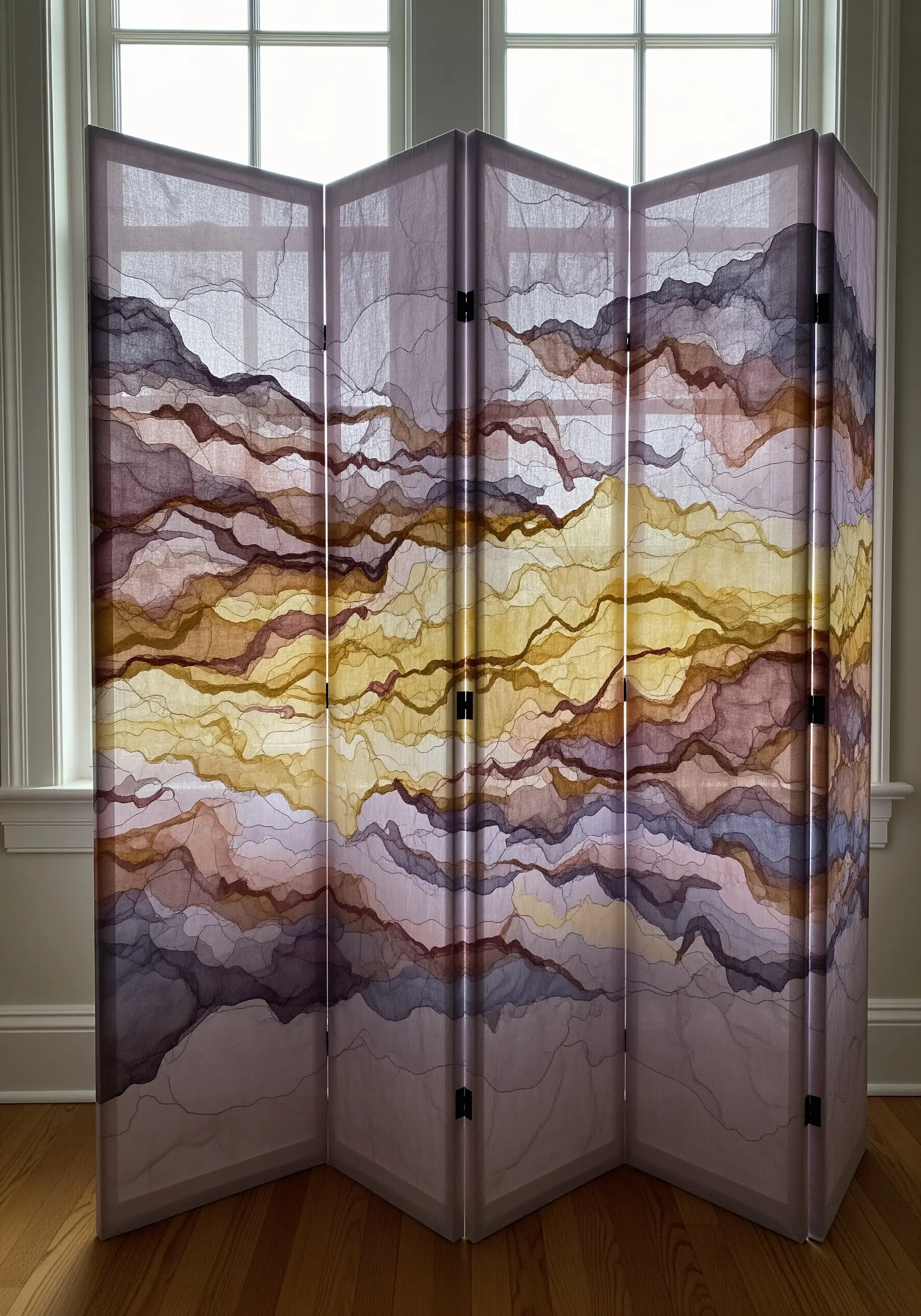 A four-panel folding screen with translucent fabric painted with abstract, layered watercolor shapes.