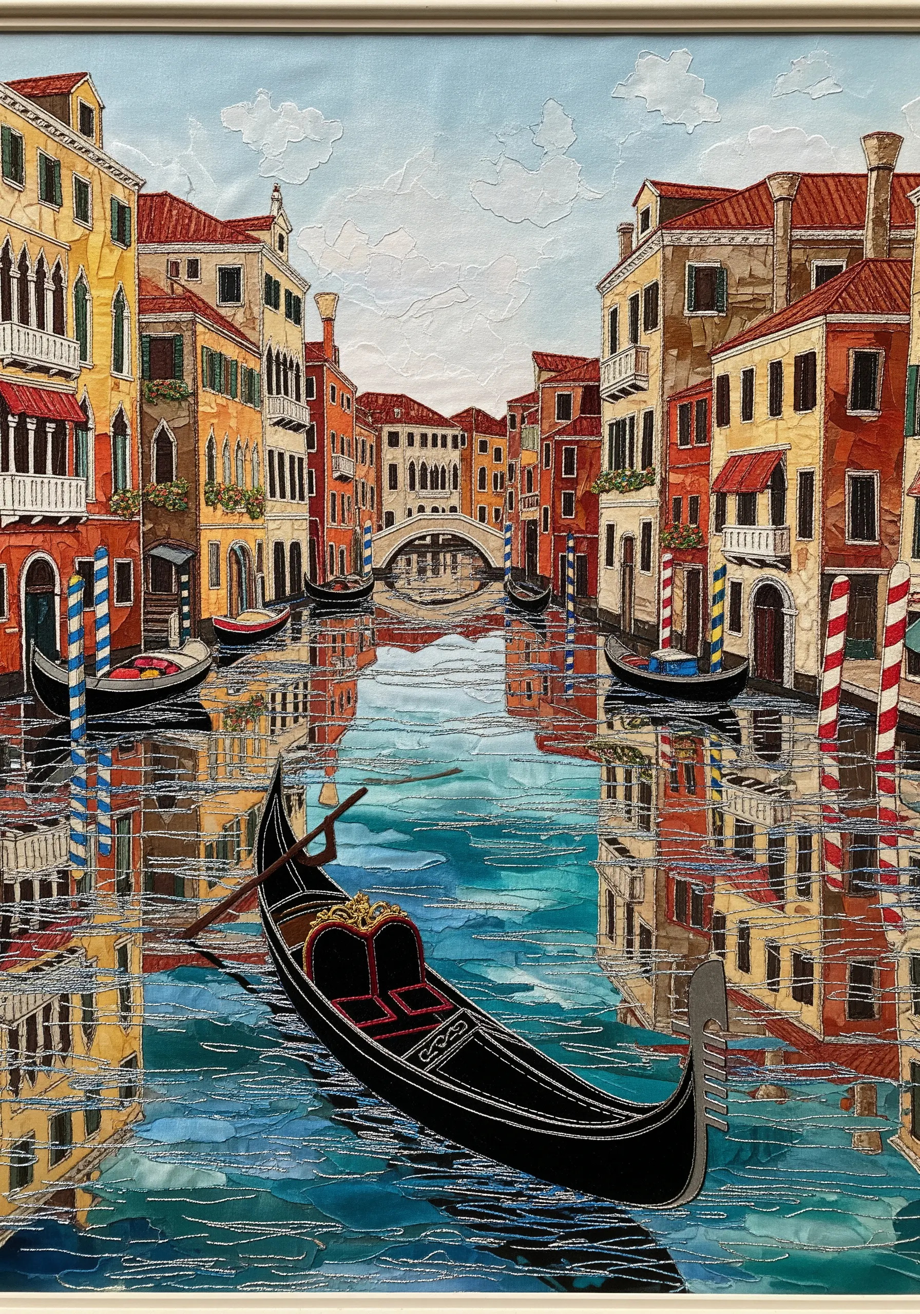 A detailed fabric collage depicting a Venetian canal scene with colorful buildings and gondolas
