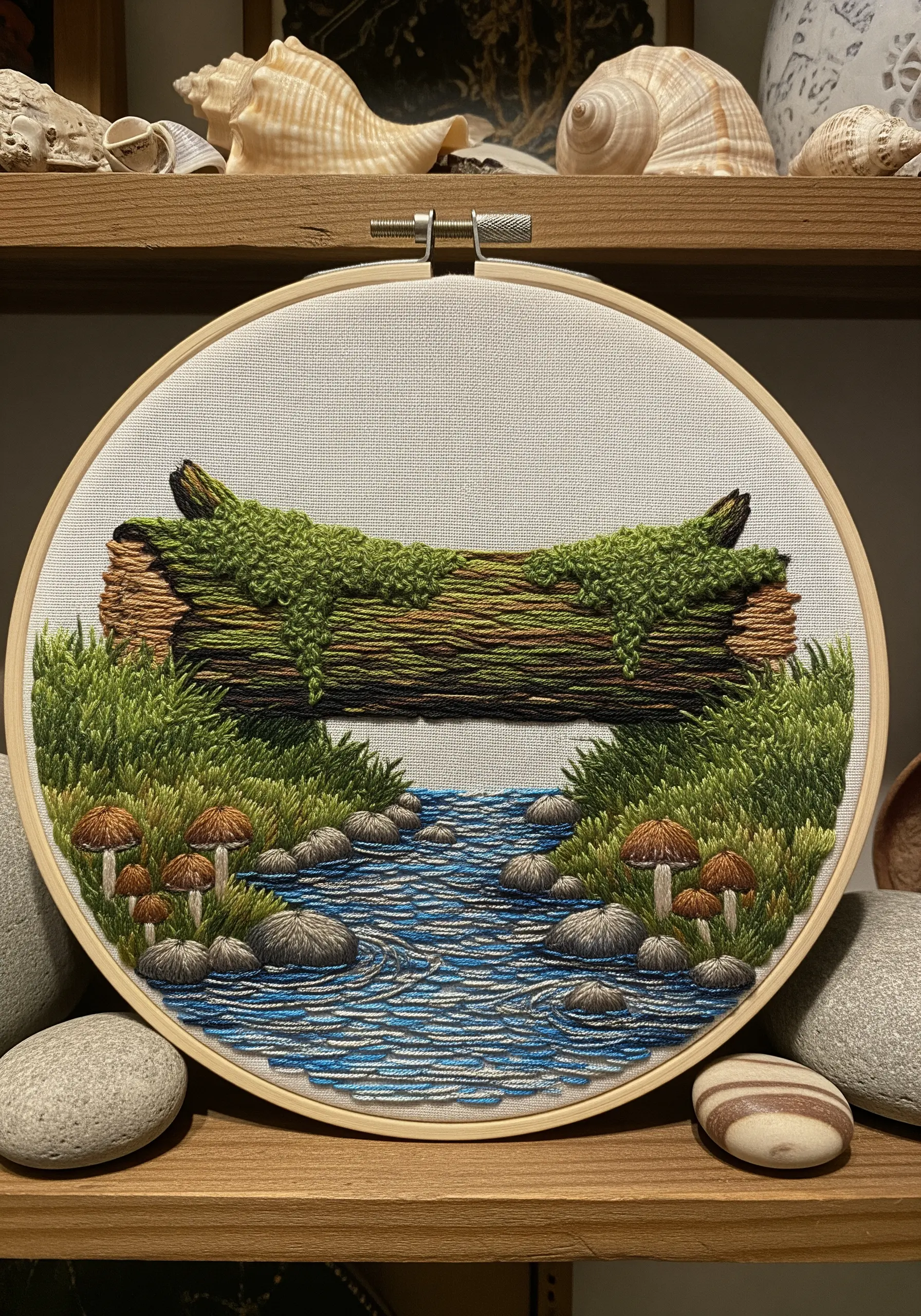 A landscape embroidery of a mossy log over a stream with textured water stitches.