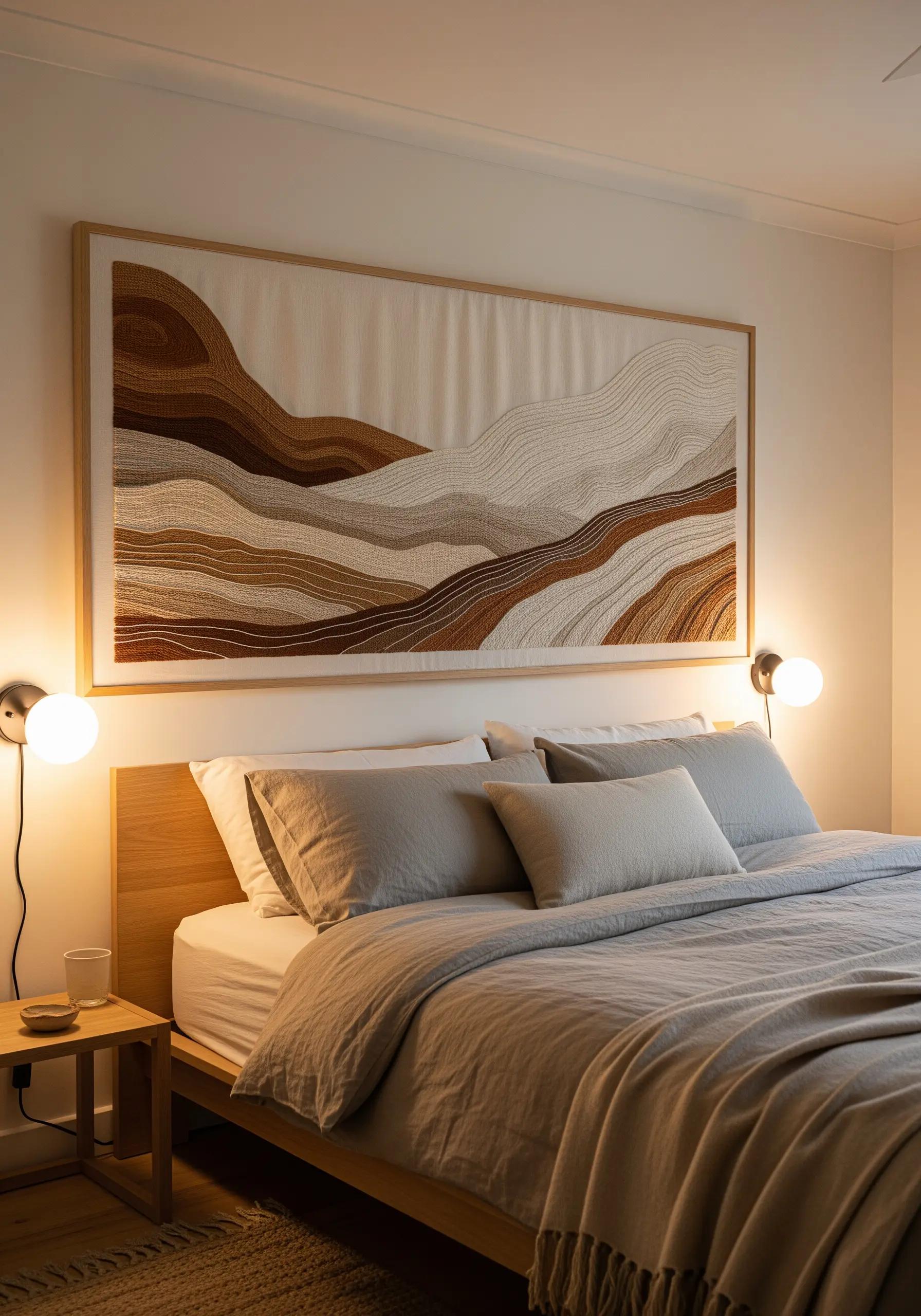 Large framed embroidery of an abstract landscape in shades of brown, taupe, and cream.