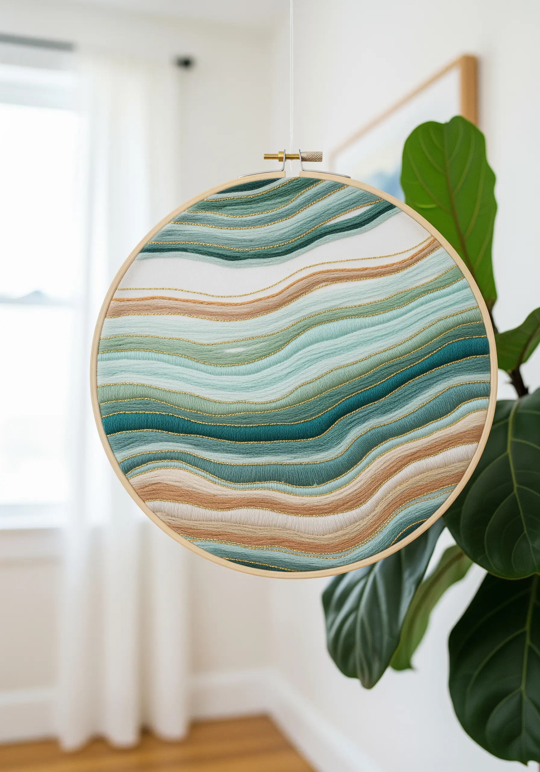 Abstract hoop art with flowing, thread-painted waves in shades of green, cream, and gold.