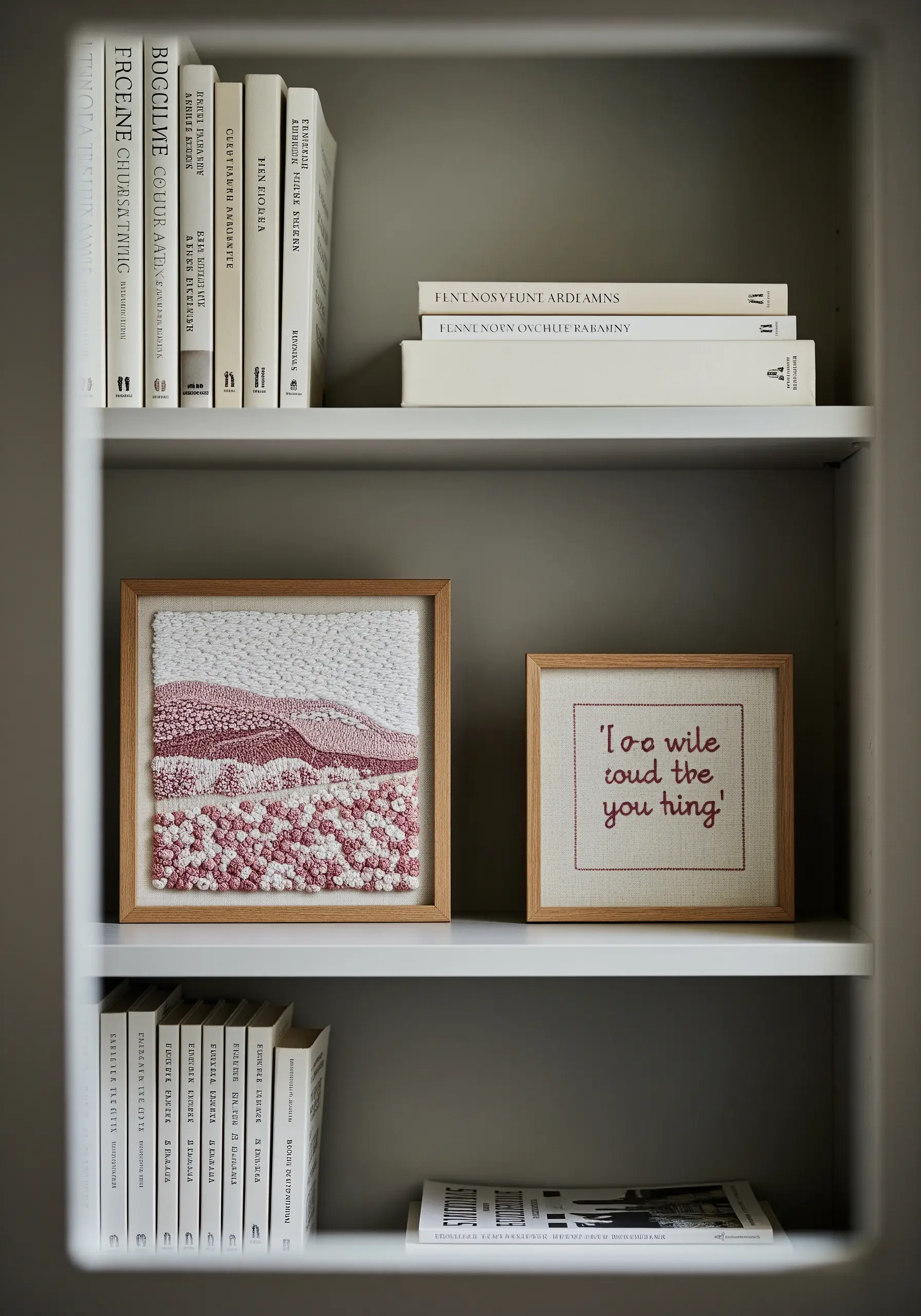 Framed abstract landscape embroidery using dense dusty rose and ivory French knots.