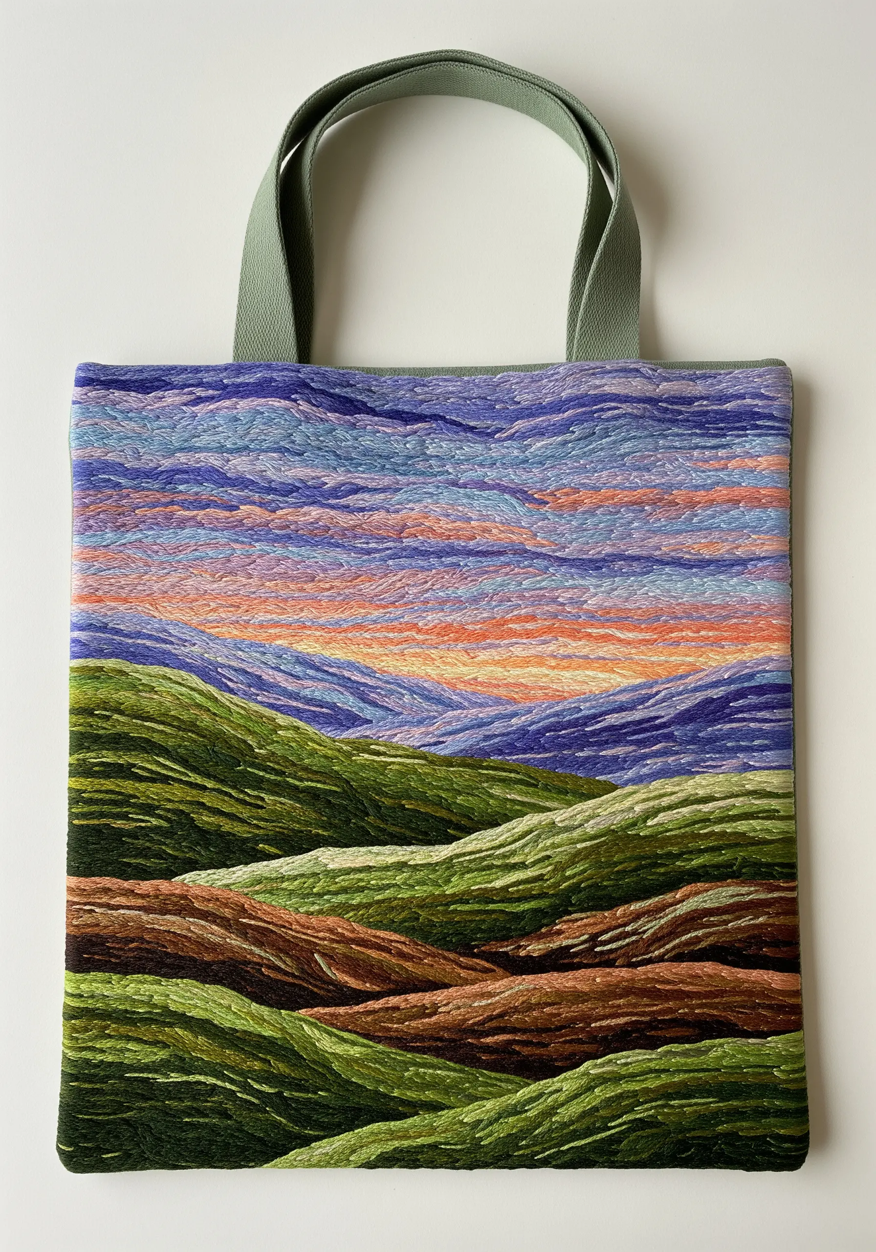 A thread-painted landscape of rolling hills and a colorful sunset on a tote bag