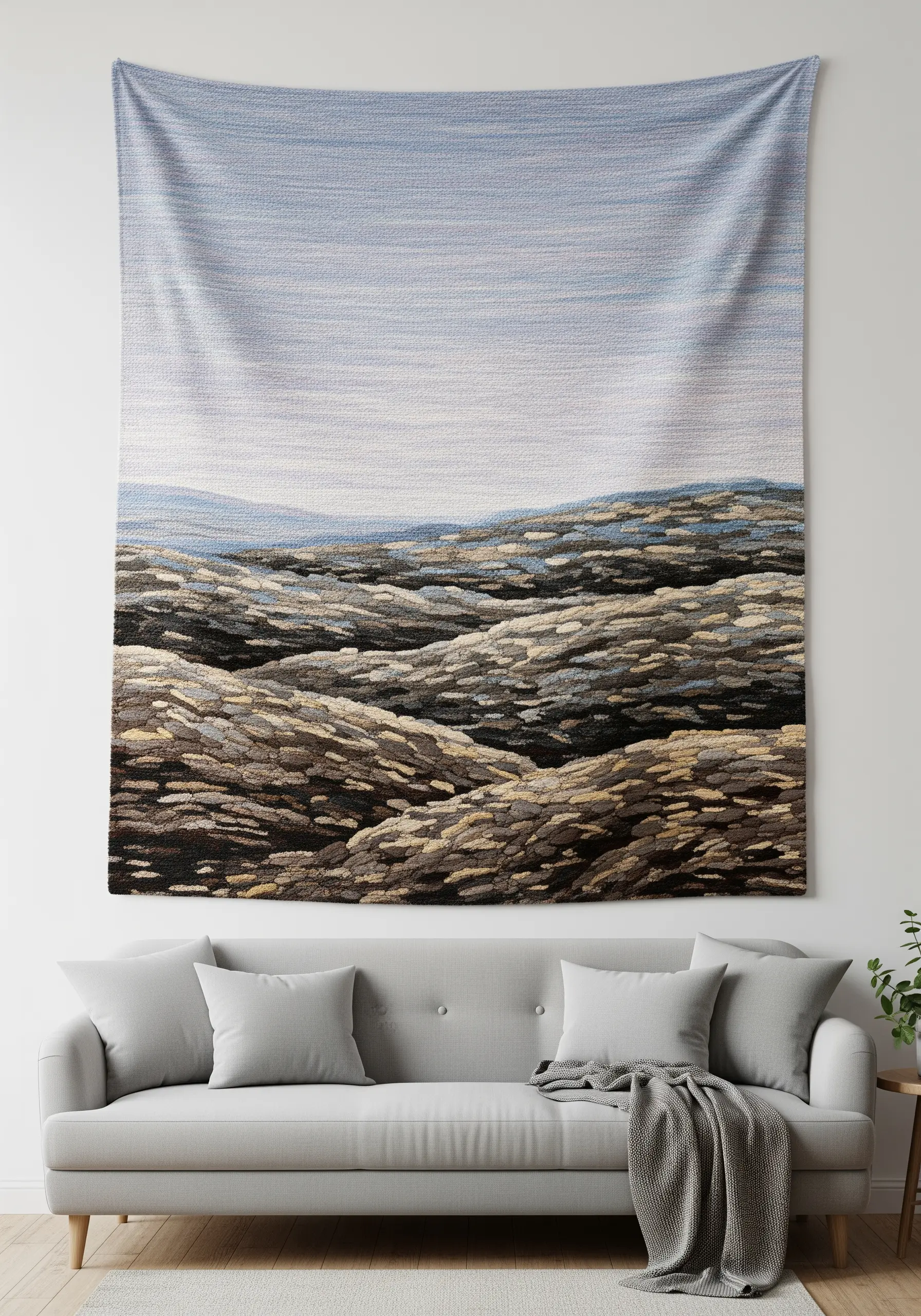 A large tapestry depicting an abstract, rocky landscape under a pale blue sky