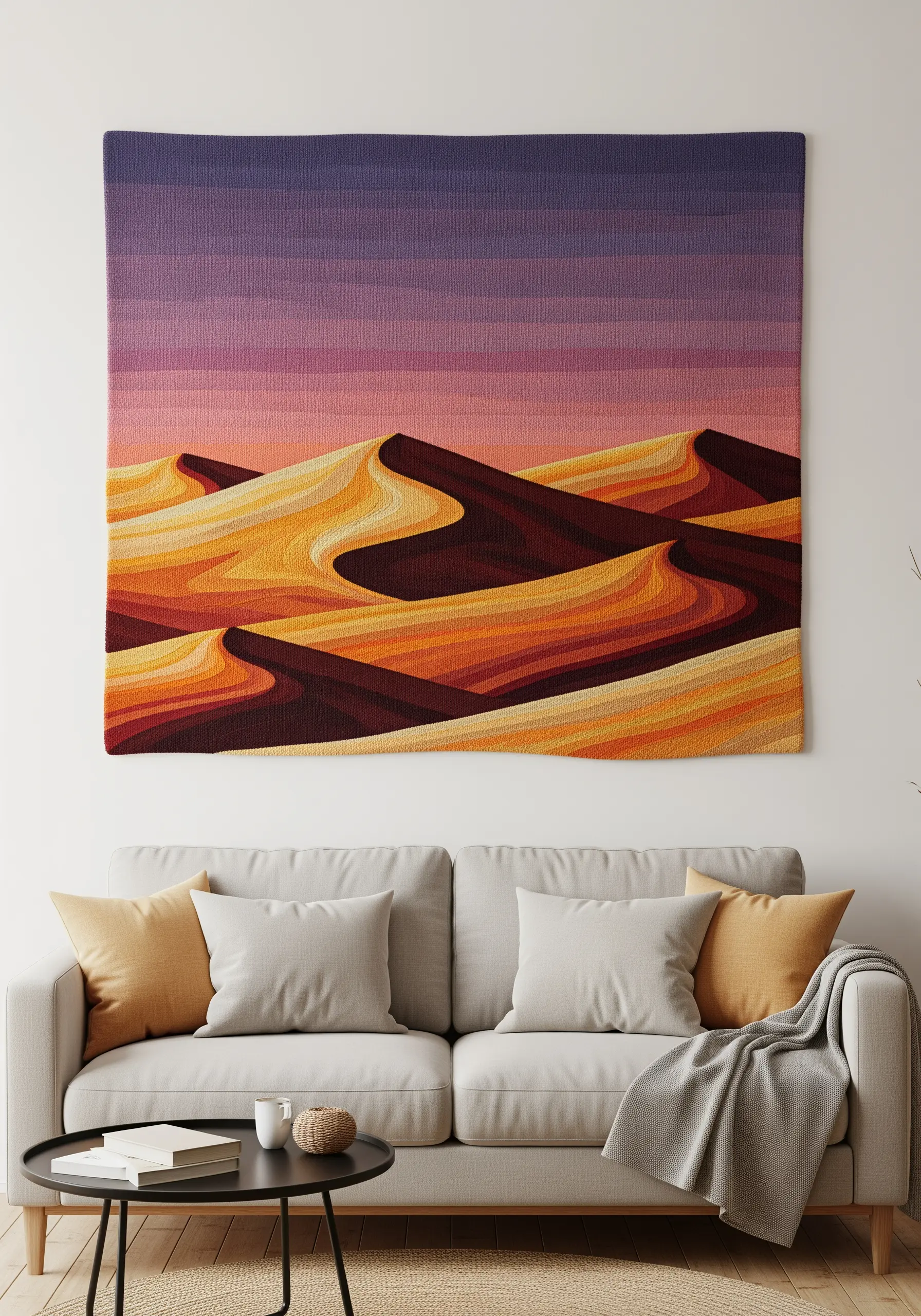 Large embroidered wall tapestry of desert dunes at sunset, using bold color blocking.