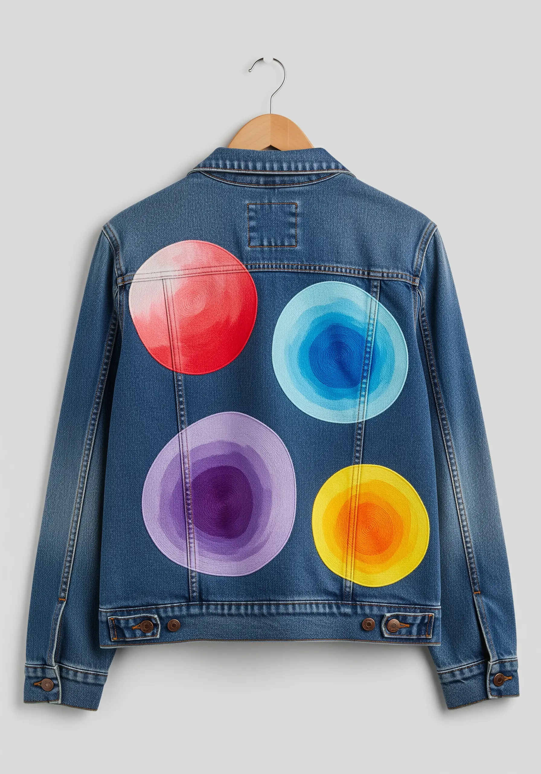 Four large embroidered circles on a denim jacket, each with a vibrant, painterly gradient.