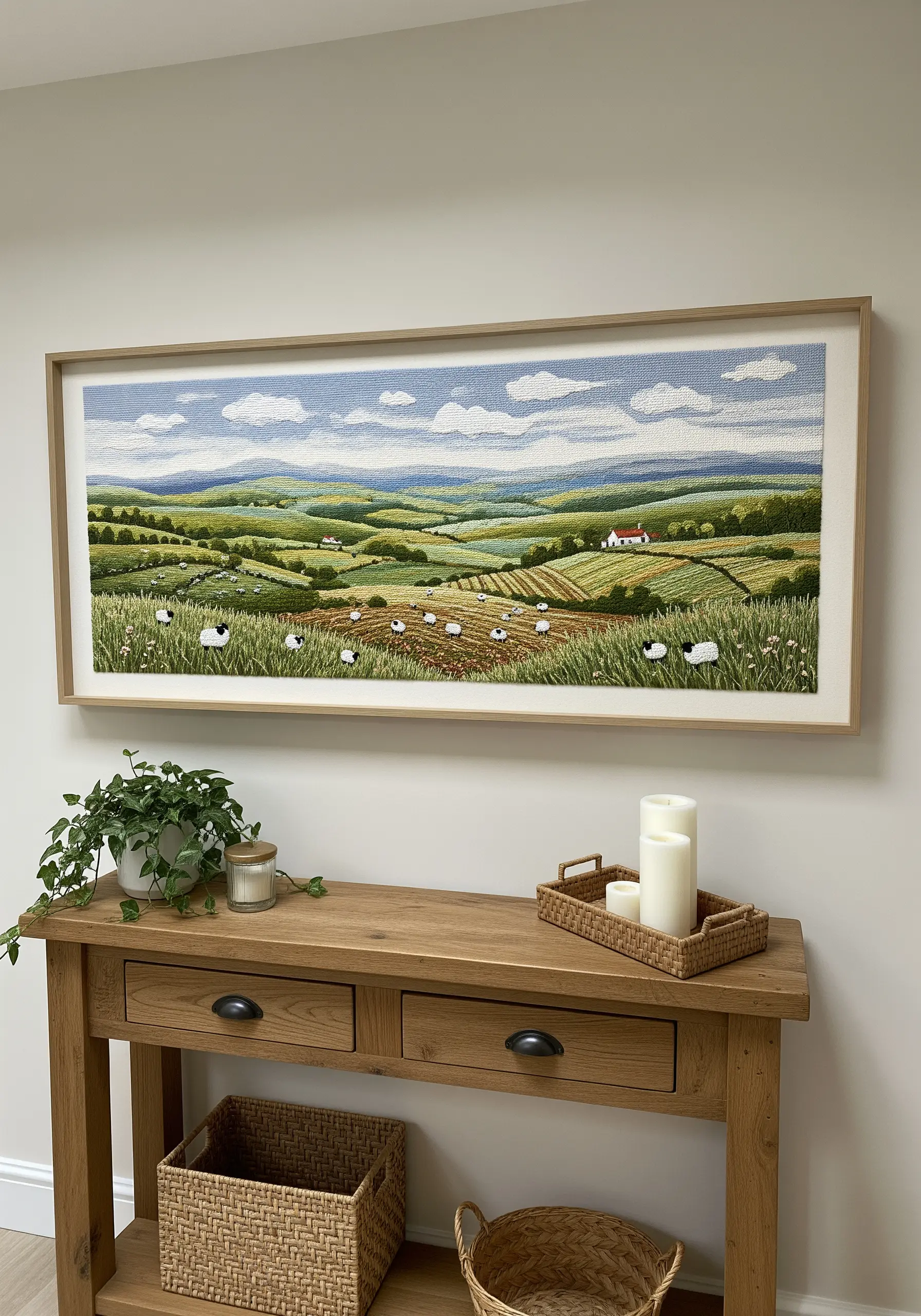 A long, framed embroidery of a rolling green countryside dotted with sheep.