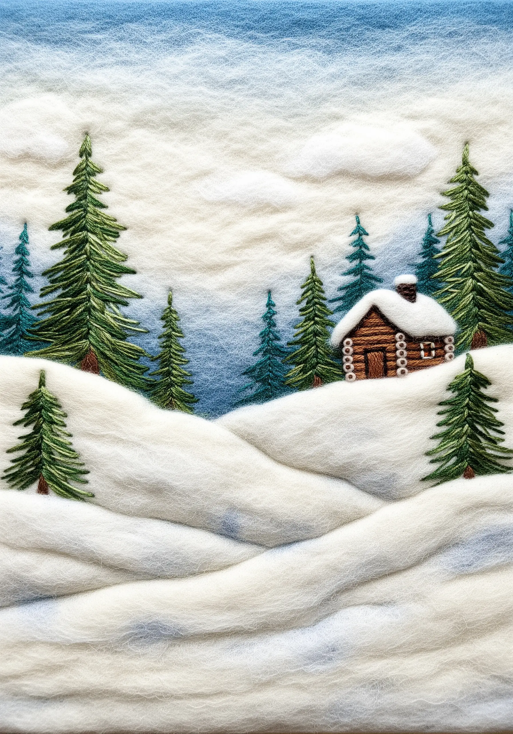 A winter landscape with needle-felted wool for snow and sky, and embroidery for pine trees.
