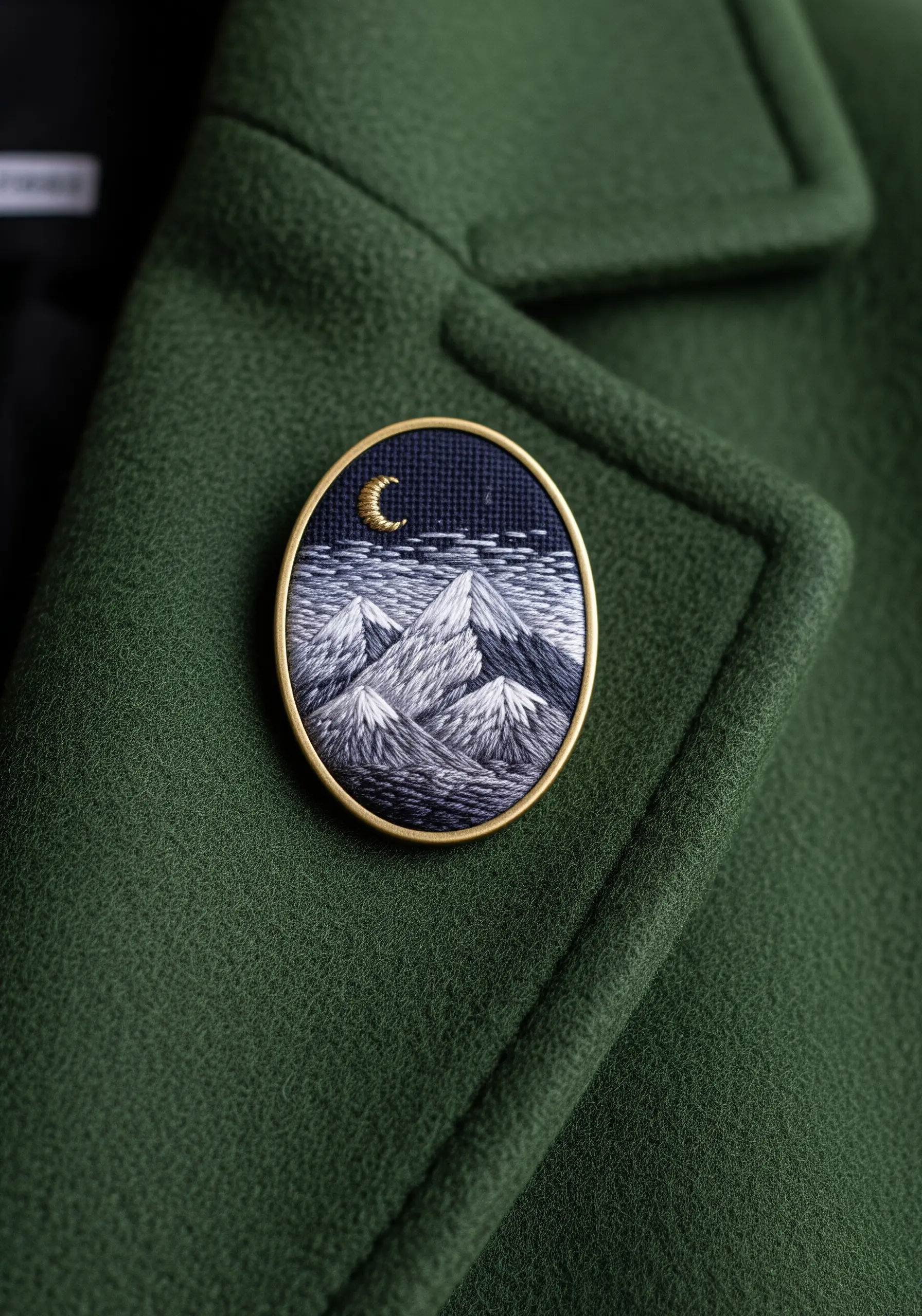 Miniature embroidered mountain range brooch with a metallic moon on a dark blue sky.