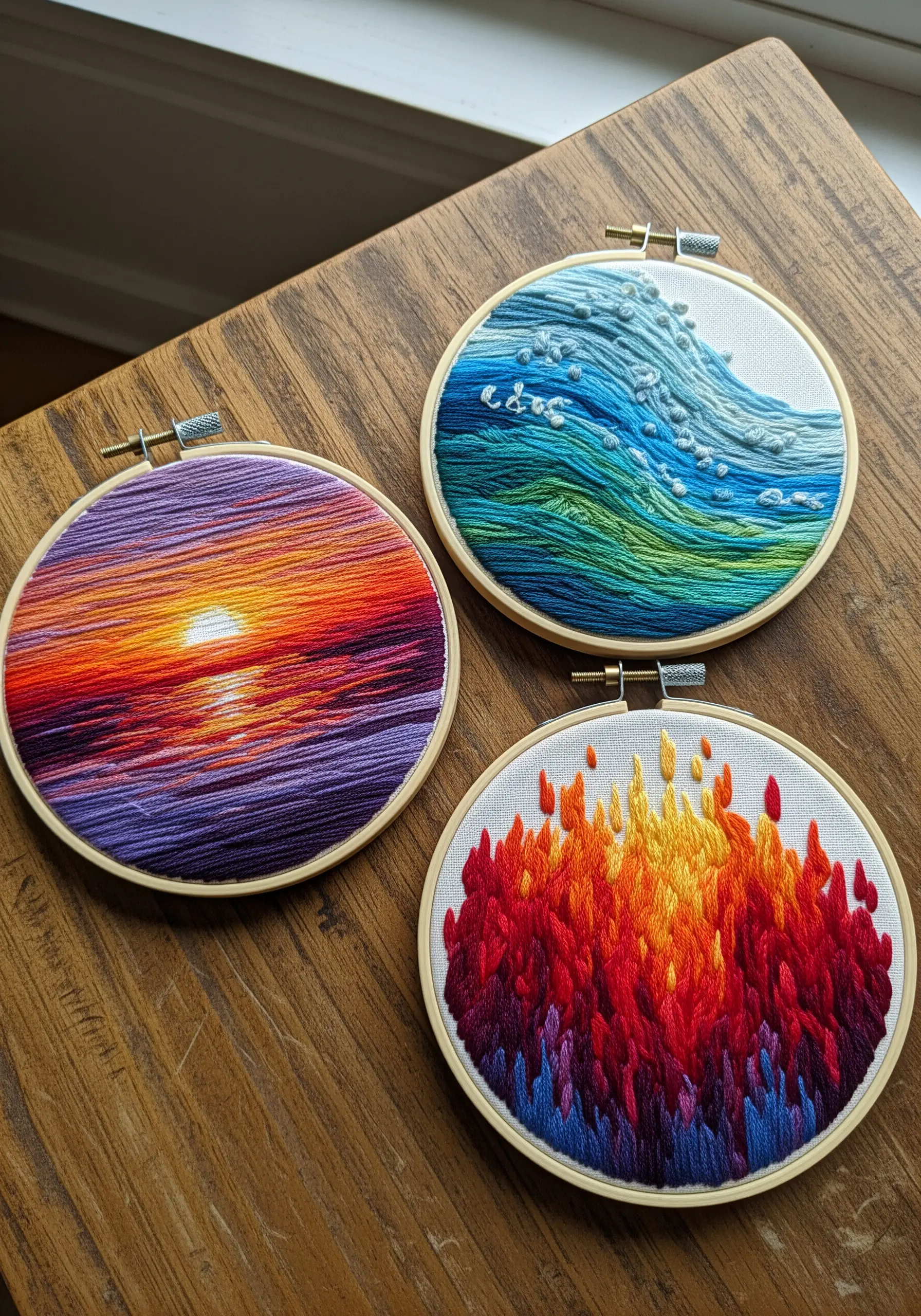 Three embroidery hoops depicting a sunset, an ocean wave, and abstract flames.