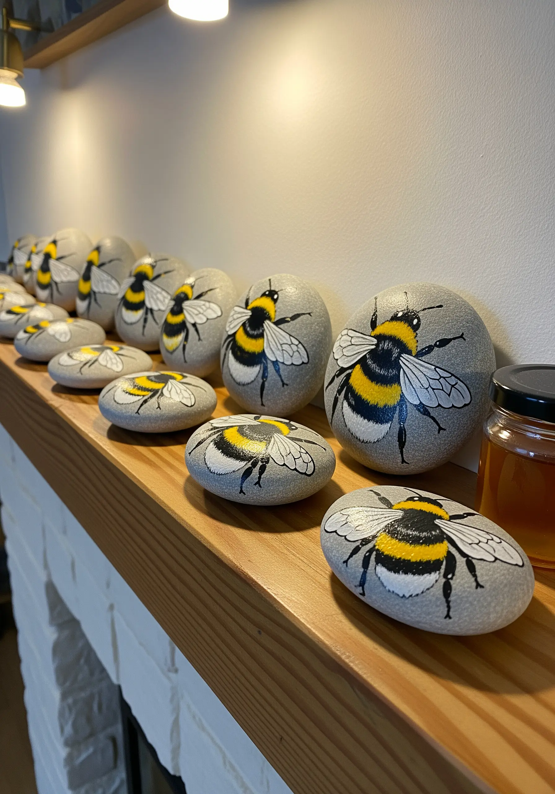 A collection of smooth grey stones hand-painted with detailed bumblebees