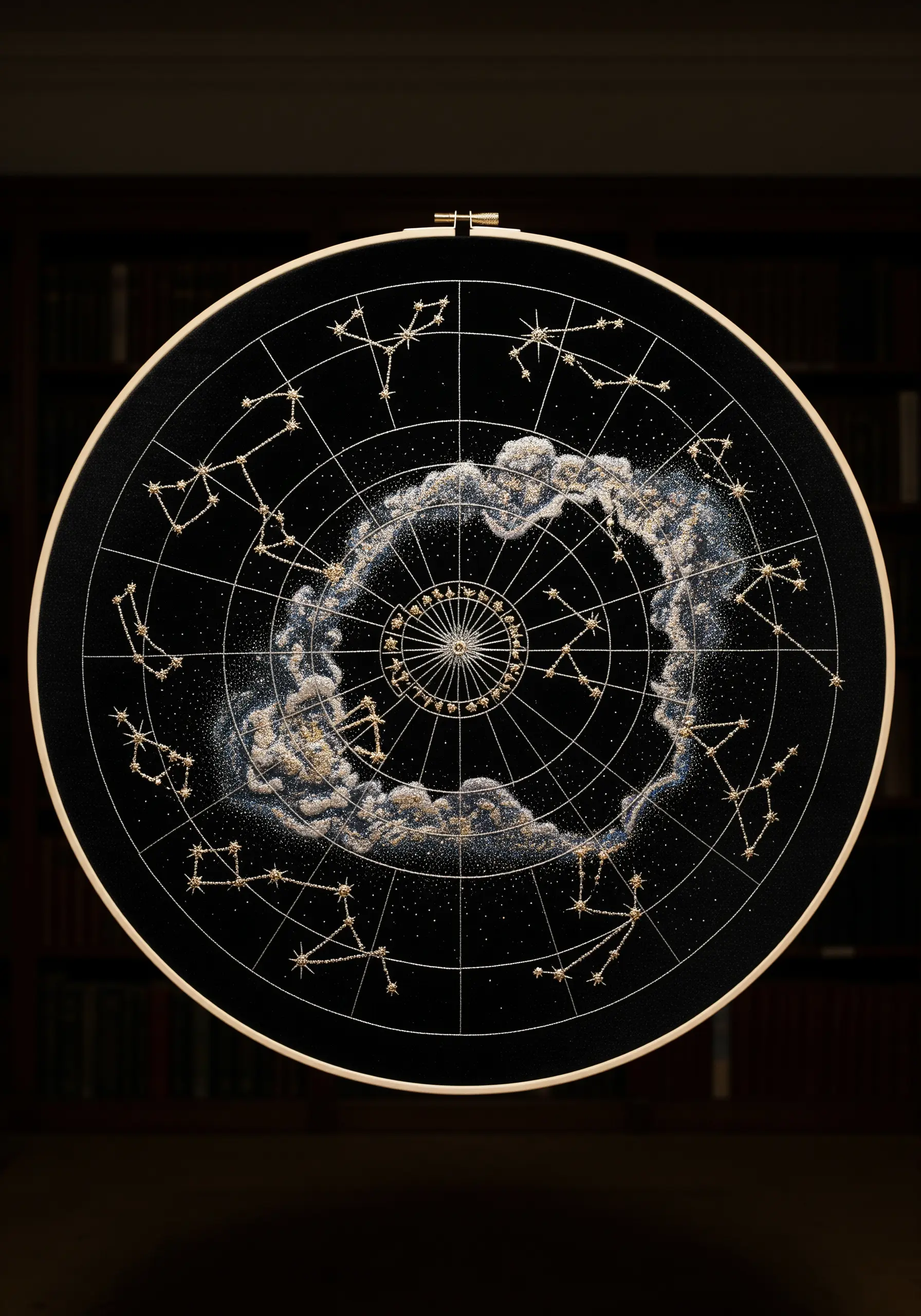 A detailed embroidery of a celestial map on black fabric, with a nebula of French knots and gold stars.