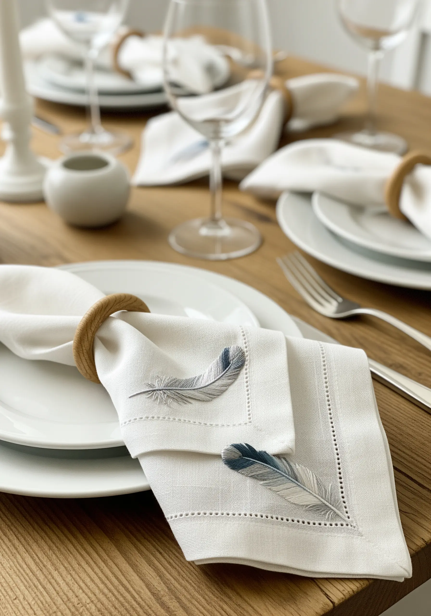 A white linen napkin embroidered with two delicate, realistically shaded feathers.