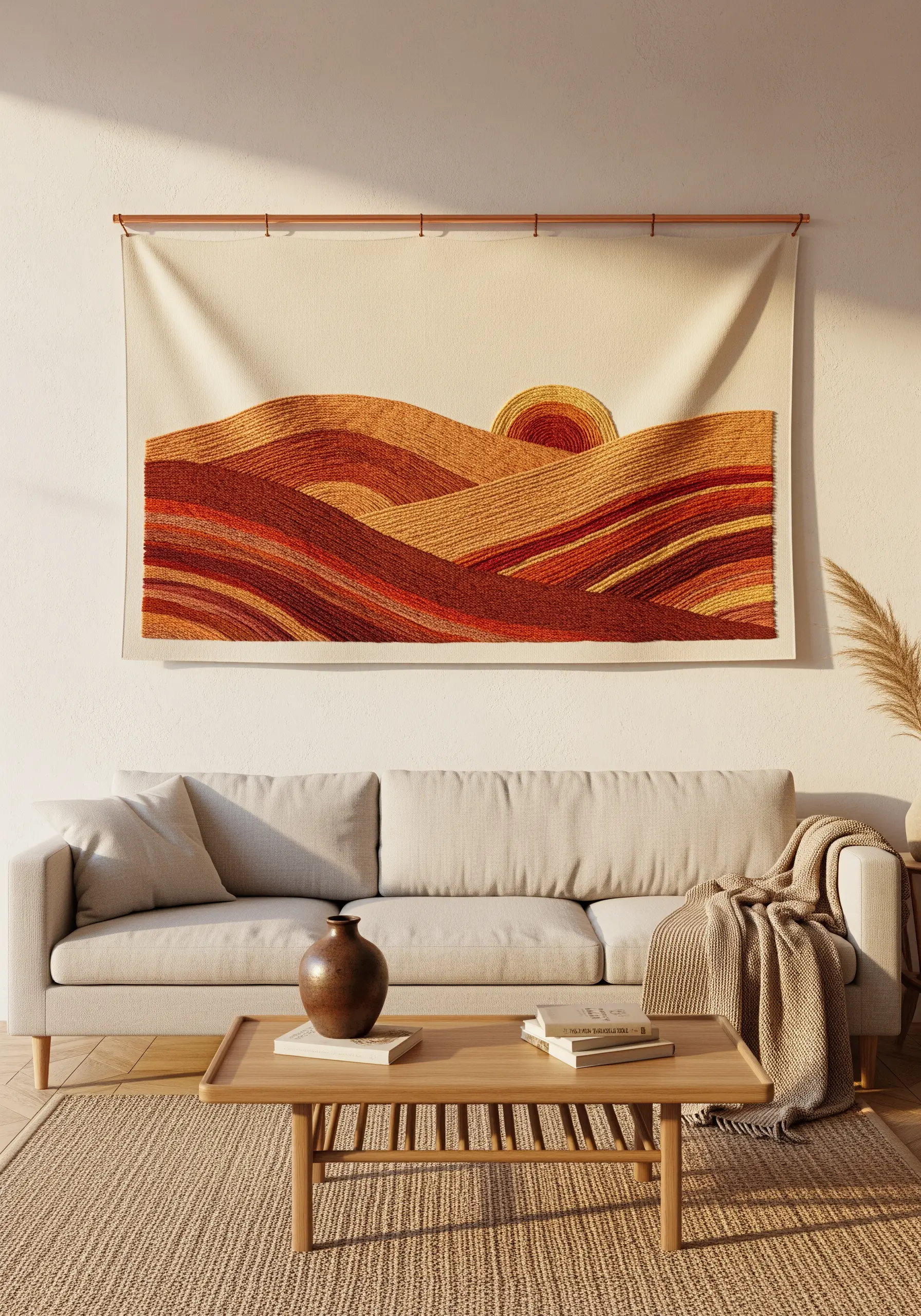 A large textile wall art piece showing an abstract landscape of rolling hills in warm tones.