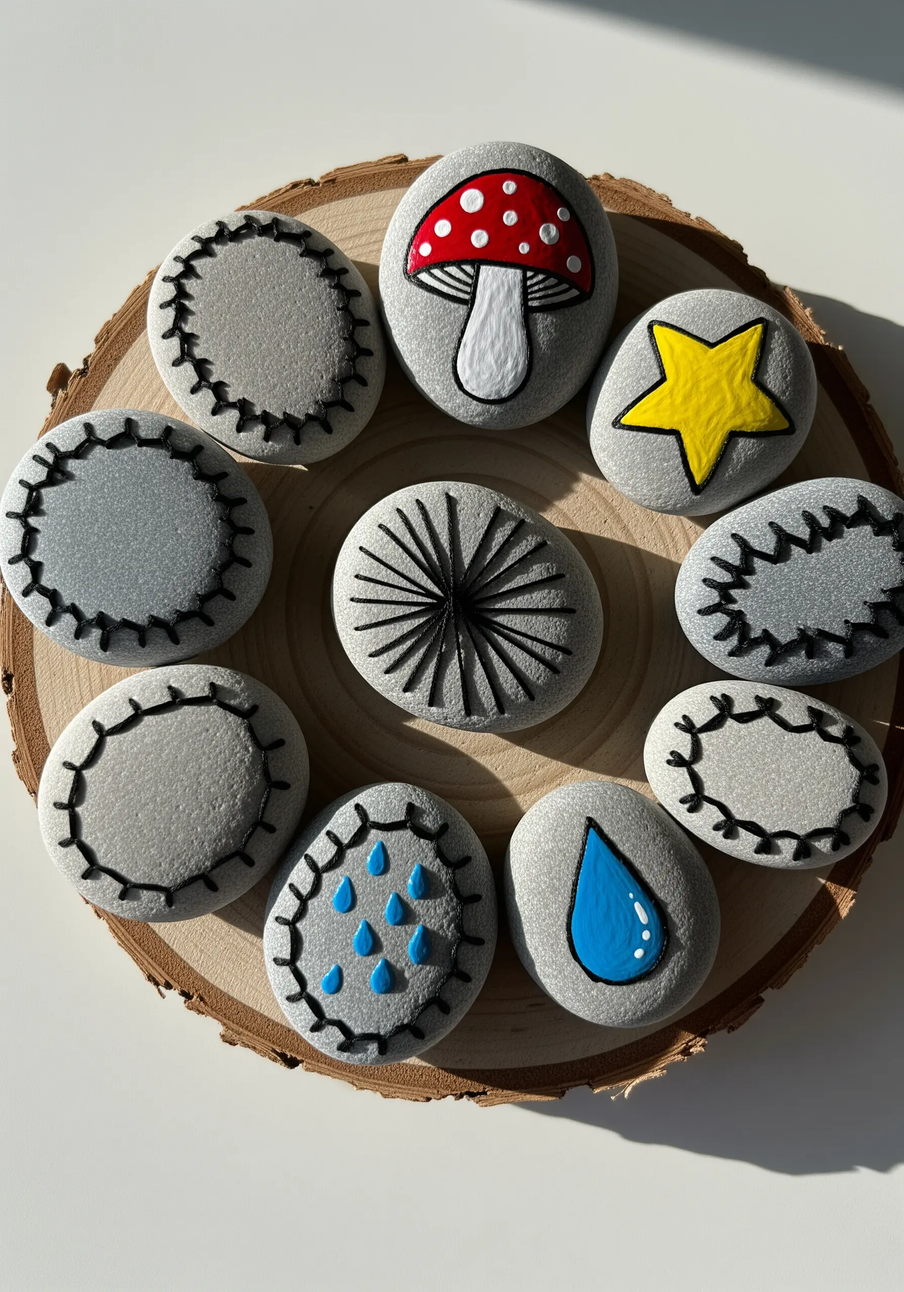 A collection of smooth grey stones painted with stitch-like patterns, a mushroom, and a star.